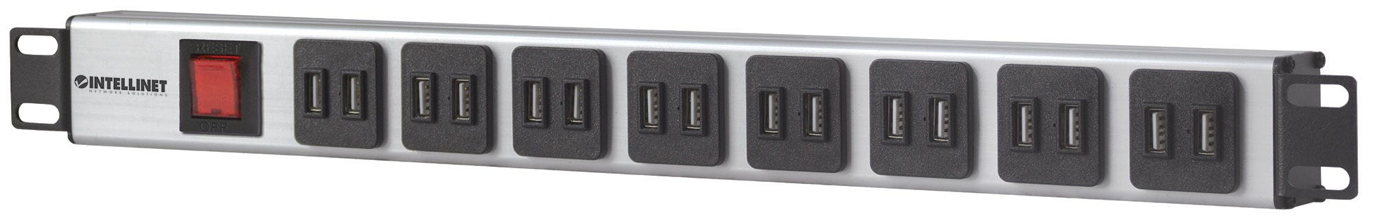 Intellinet 19" Rackmount 16-Port USB-A Power Distribution Unit (CEE 7/7), With Overload Protection Power Switch, 2.1 A Max. per Module, 2m Power Cord (Euro 2-pi