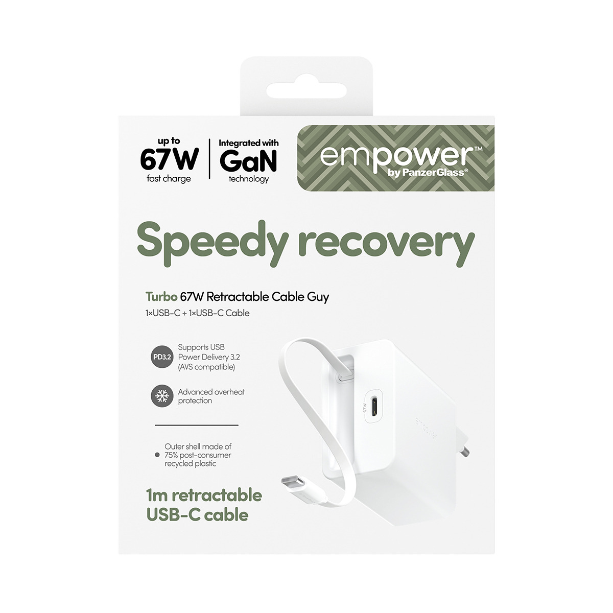 PanzerGlass empower™ by PanzerGlass® Turbo 67W Retractable Cable Guy Charger incl. USB-C Cable | EU Plug | Silver White – image 3