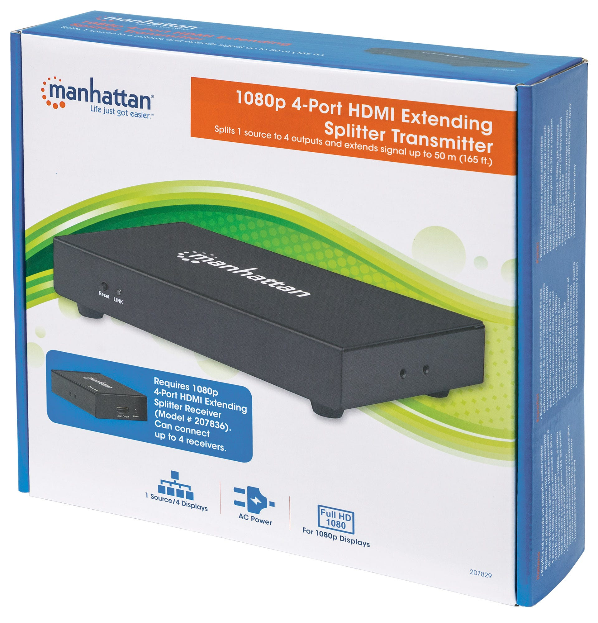 Manhattan 1080p 4-Port HDMI Extending Splitter Transmitter, Splits One Source to Four Outputs, Three Year Warranty – image 2