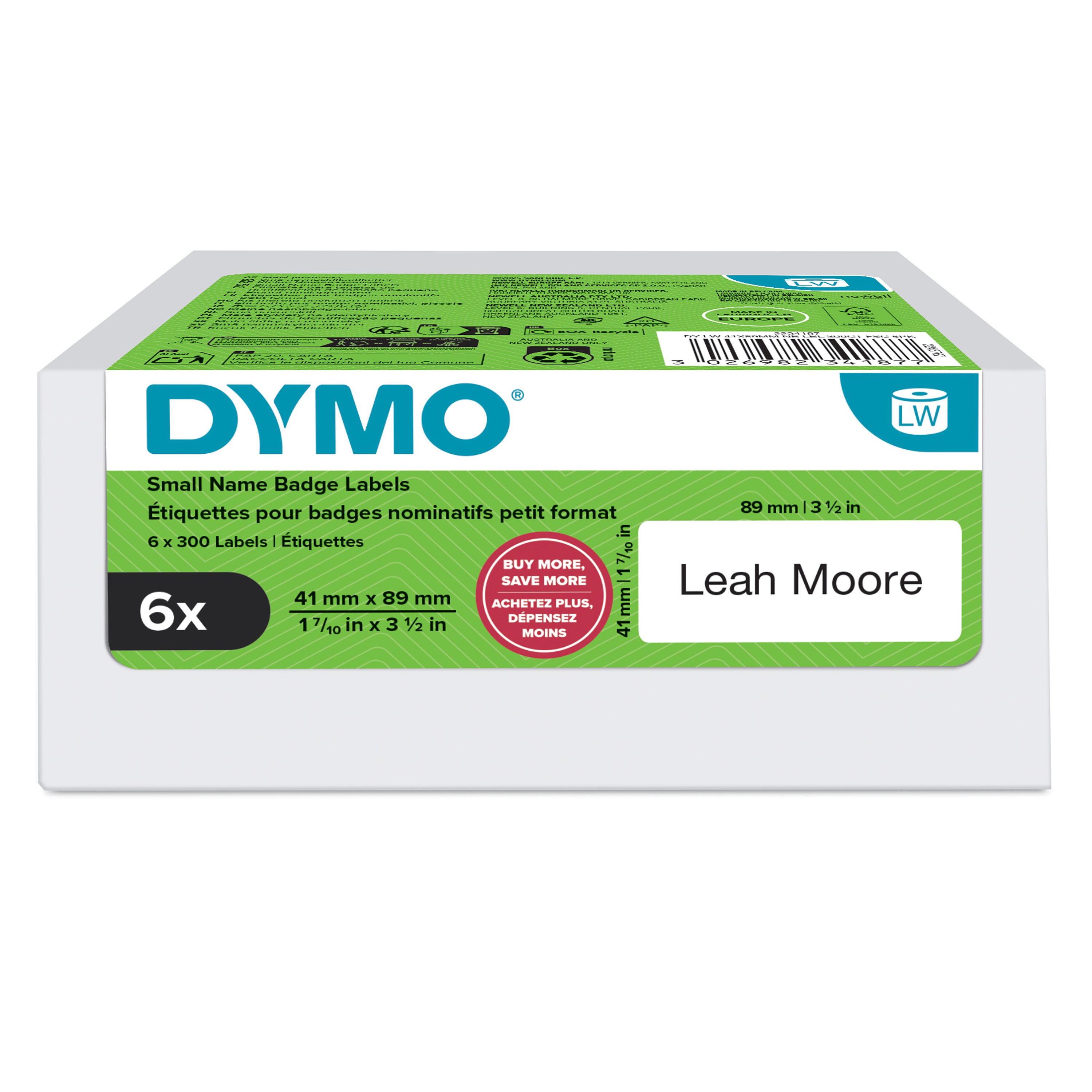 DYMO LW petites étiquettes autocollantes authentiques pour badges nominatifs | 41 mm x 89 mm | 6 rouleaux 300 étiquettes faciles à décoller (lot de 1.800) | pour les étiqueteuses LabelWriter
