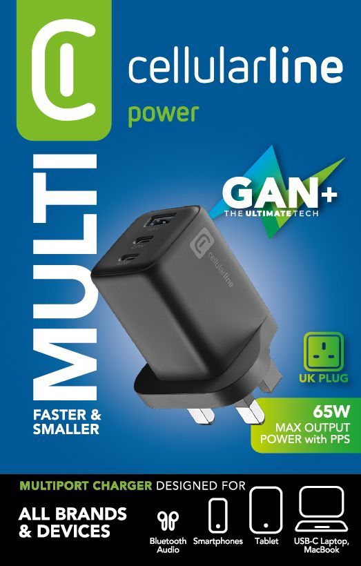 Cellularline ACHUSBGAN3PD65WUKK mobile device charger Laptop, Universal Black AC Fast charging Indoor