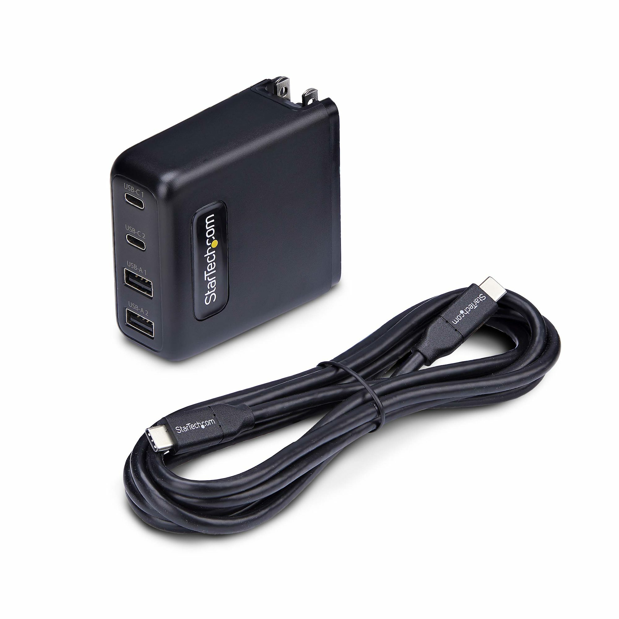 Resim StarTech.com 100W GaN USB-C PD 3.0 Duvar Tipi Şarj Cihazı, 2x USB-C, 2x USB-A, 1.8m Kablo, Siyah