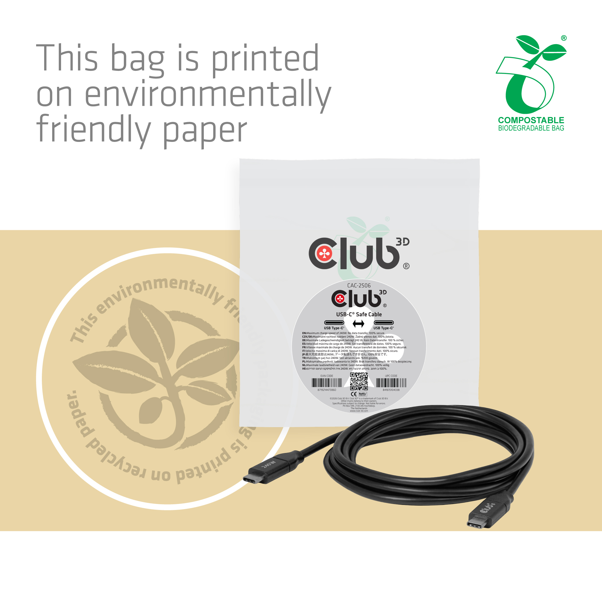 Club3D USB-C Sicherheitsladekabel 240W    2m           St/St Polybeutel