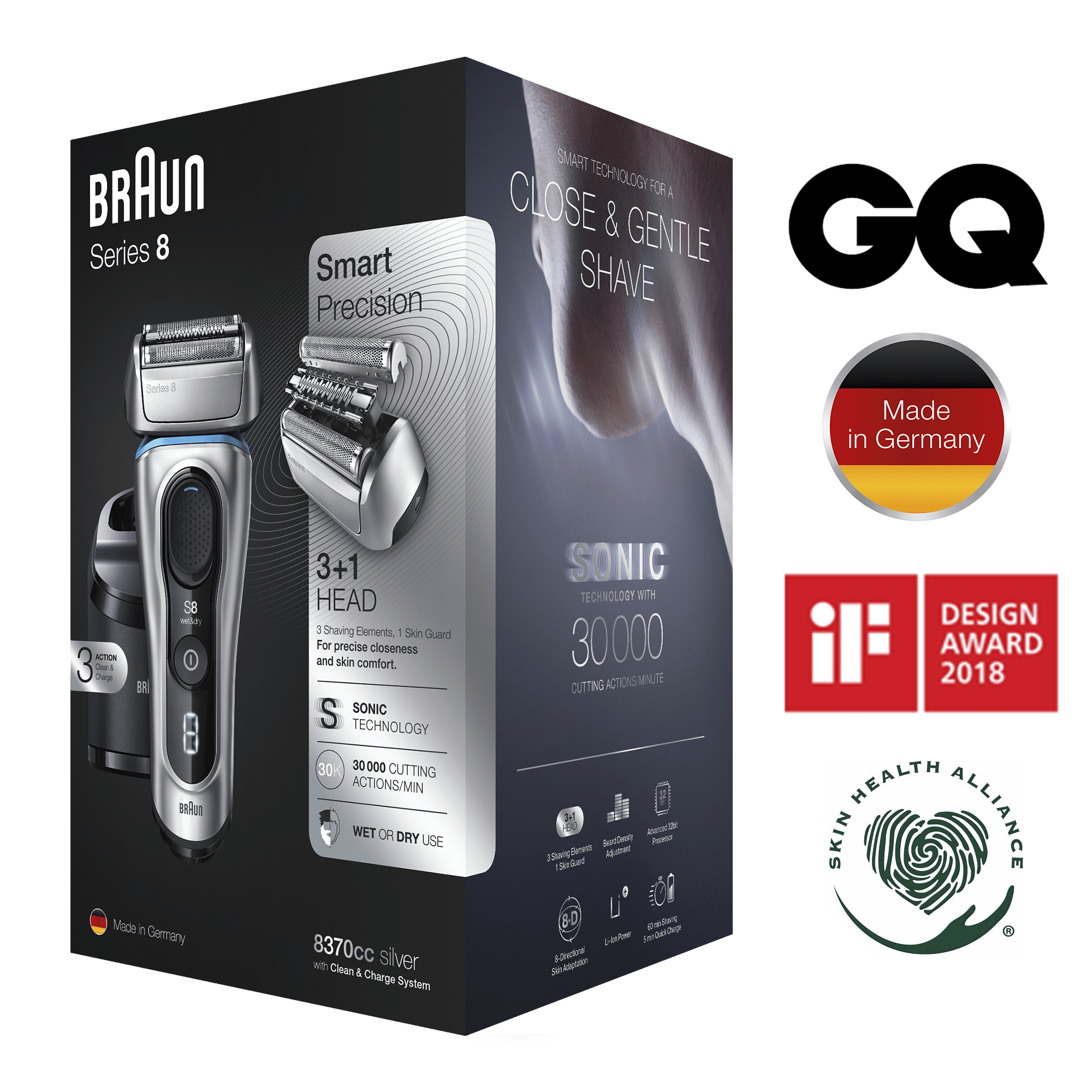 Braun Series 8 8370cc Next Generation Electric Shaver, Clean&Charge Station, Fabric Case, Silver – image 9