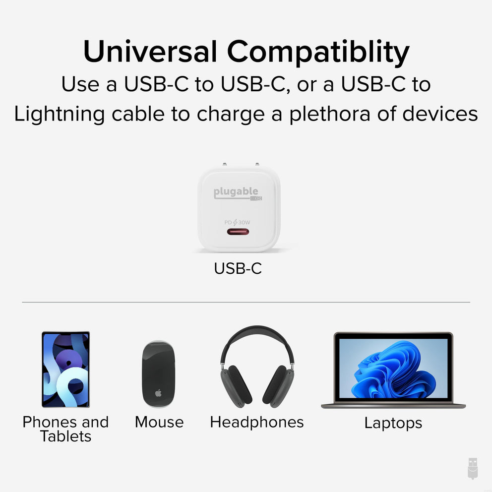 Resim Plugable Technologies PS-30C1W AC Güç Kaynaklı İç Mekan USB Tip-C Şarj Cihazı, 20V Maksimum Çıkış, Beyaz