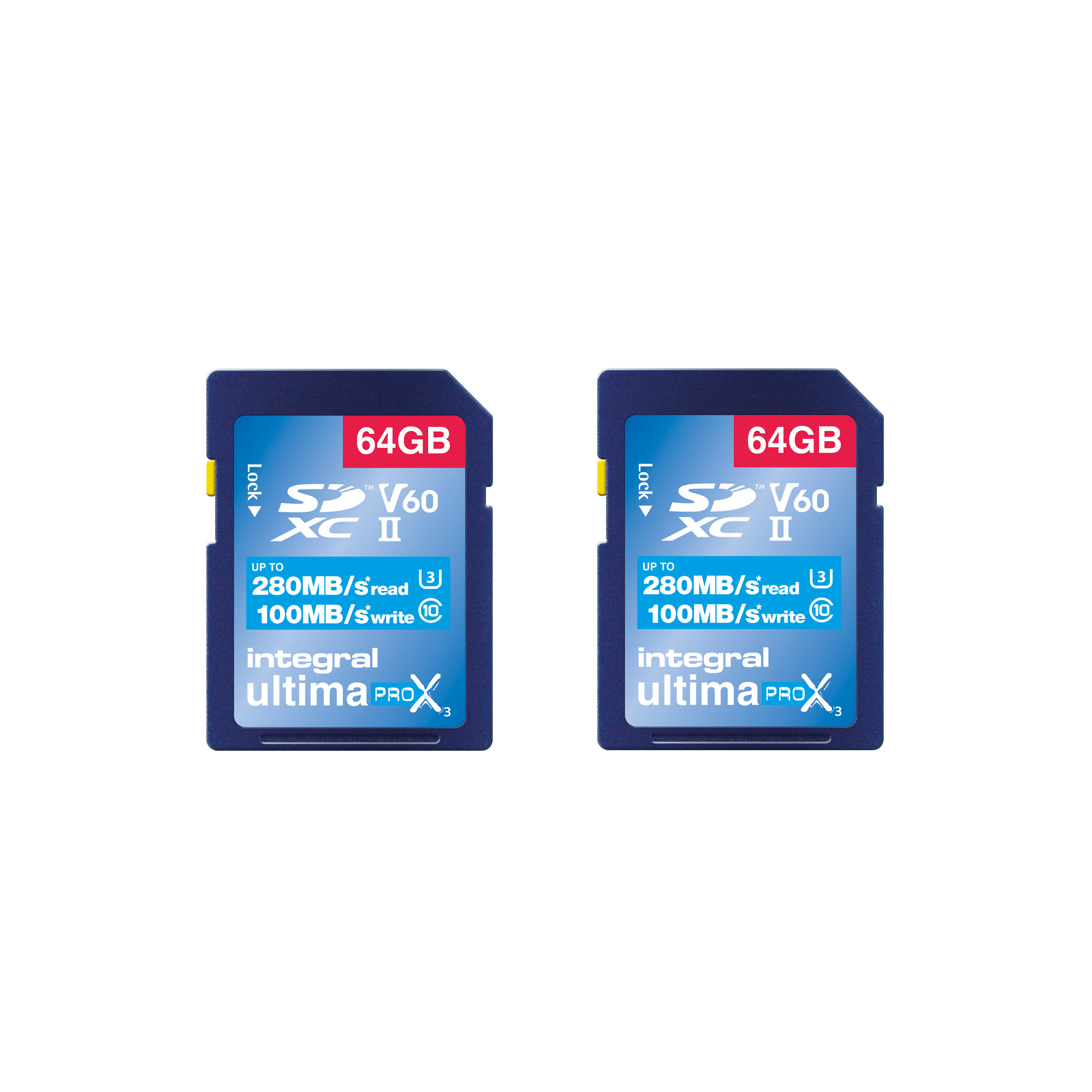 Integral 64GB 2PK SDXC UHS-II U3 CL10 V60 UP TO R-280 W-100 MBS WITH METAL CARD CASE – image 1