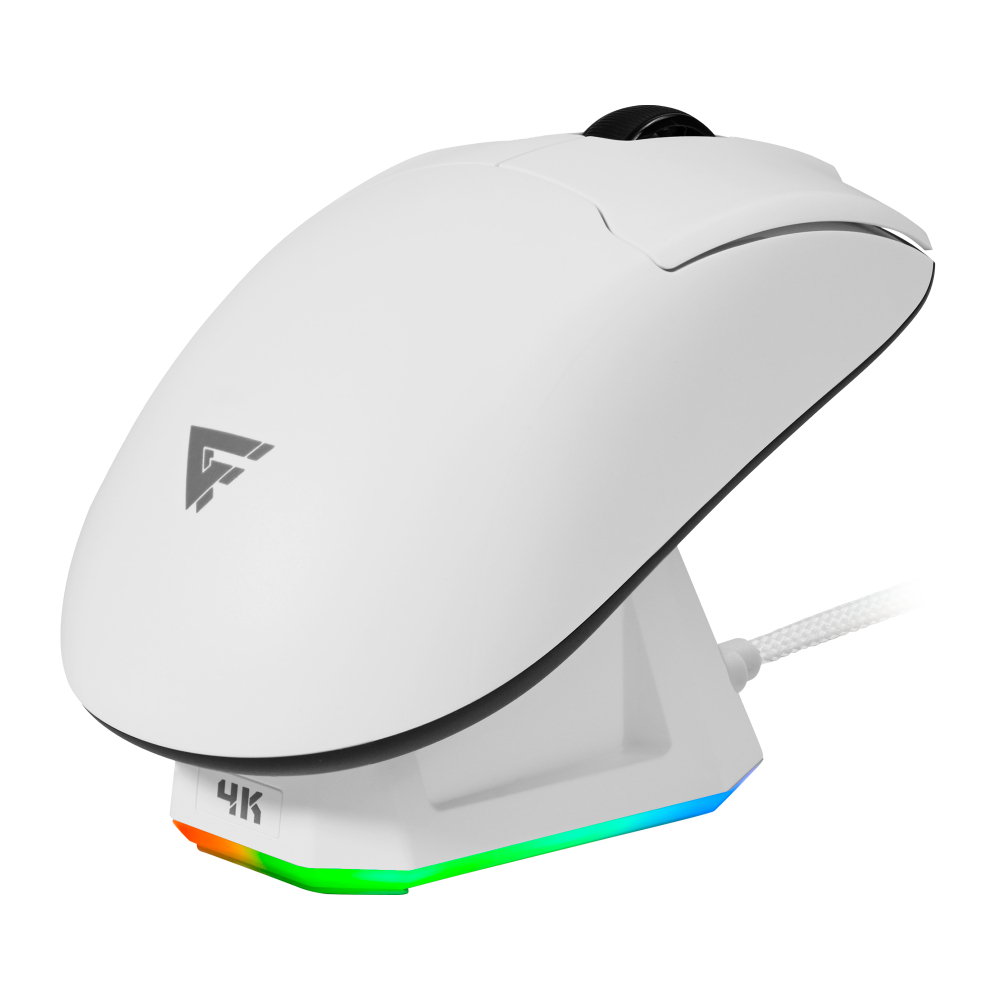 Mouse Inalámbrico Game Factor MOW800 - Wireless 2.4G BT - Pixart 3395 - 26,000 DPI - 4K Hz - Base RGB - Ultraligero 56g - Blanco - MOW800-WH