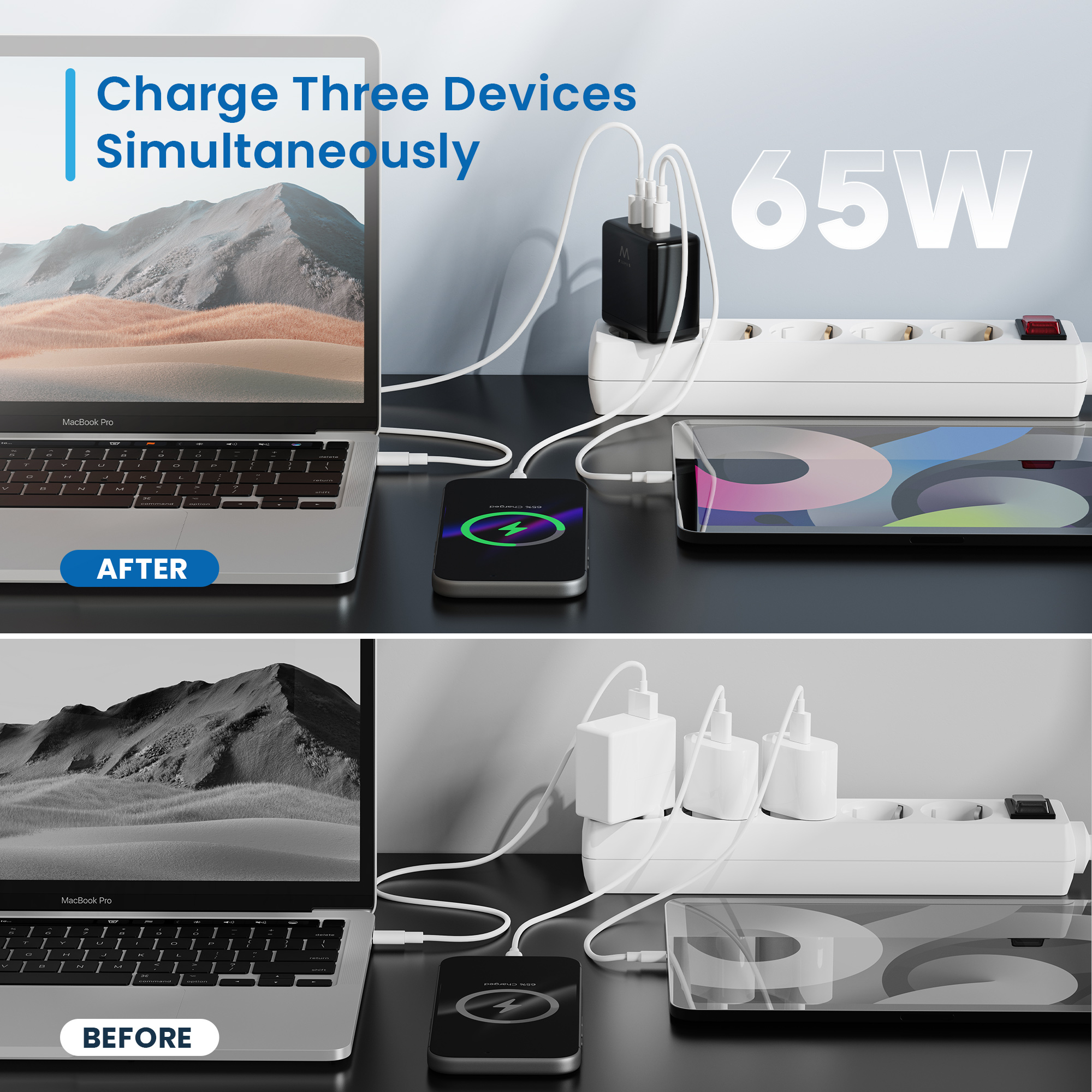 Ewent 65W GaN Fast 3-port (2 USB-C PD and 1 USB-A QC) charger, Compact Design – image 3