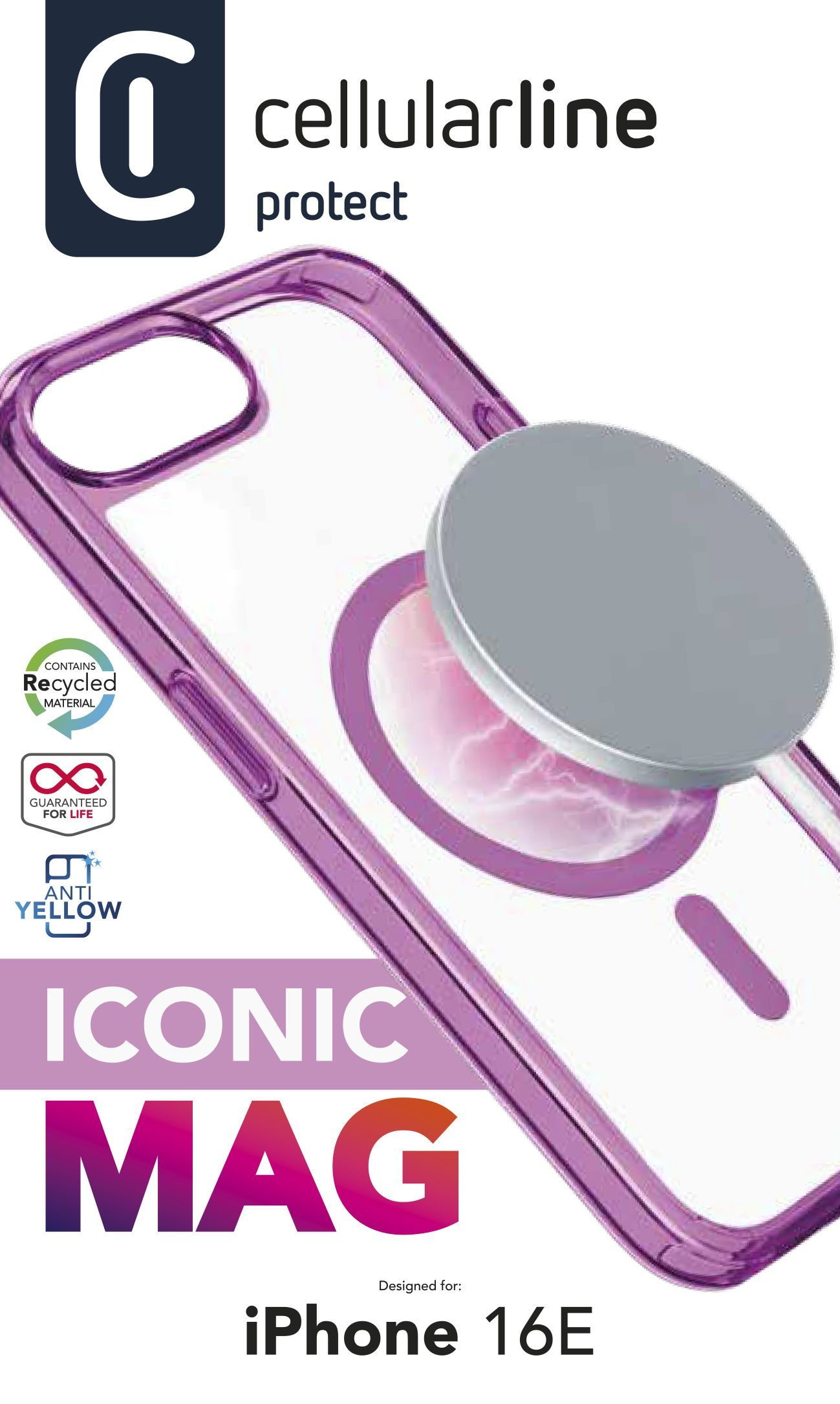 Cellularline Iconic Mag - iPhone 16E Custodia trasparente con bordi colorati compatibile con ecosistema Magsafe