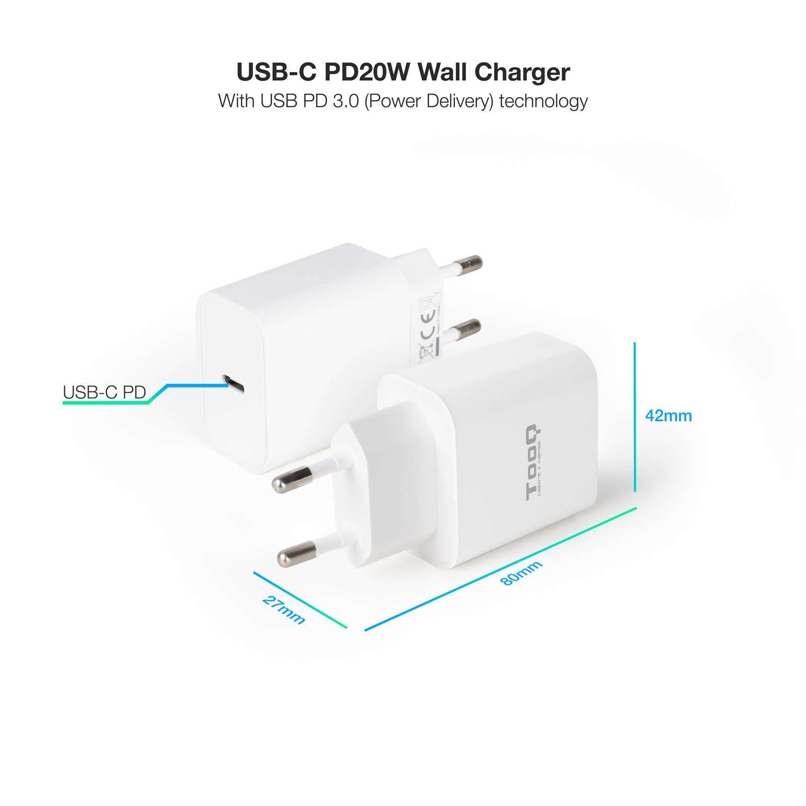 TooQ USB-C PD20W Wall Charger, White – image 2
