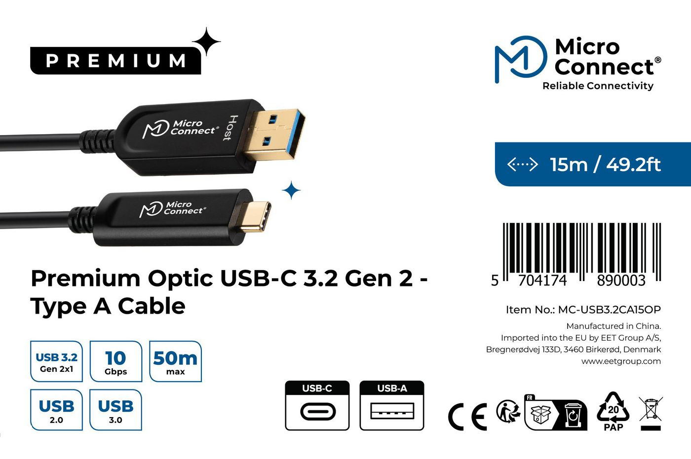 Resim Microconnect MC-USB3.2CA15OP USB-A - USB-C 3.2 Gen 2 Kablo, 15m, Siyah