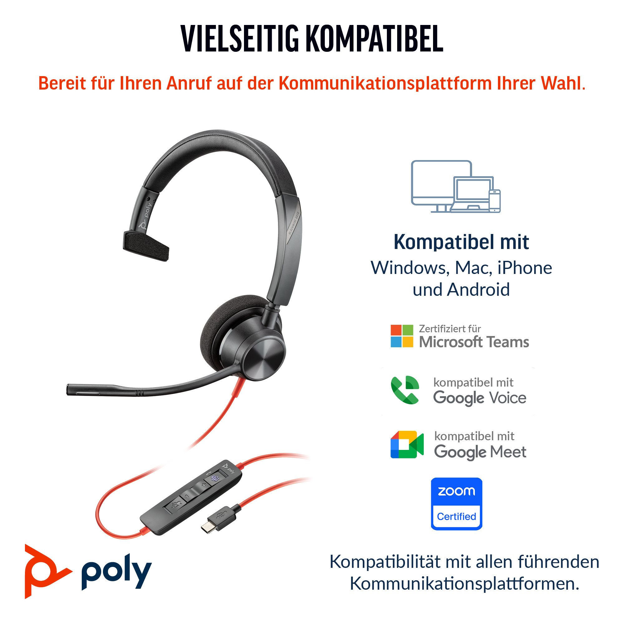 HP Poly Blackwire 3310 Monaural Microsoft Teams Certified USB-C Headset +USB-C/A Adapter. Weight: 103 g