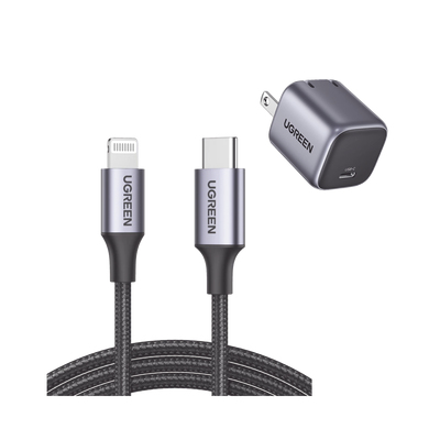 Kit de Cargador de 20w Tecnología GaN y Cable Lightning Certificado MFi / Incluye 1 Pza 90902 / 1 Pza 60759 / Tecnología Inteligente / Carga Rápida / Cable de 1 Metro / Carcasa de Aluminio / Nylon Trenzado 90902US304 - 90902US304