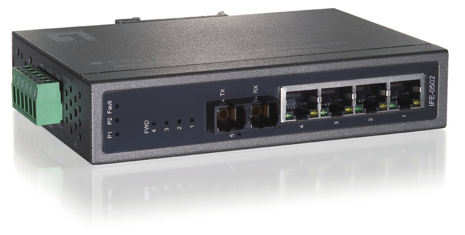 LevelOne 5-Port Industrial Fast Ethernet PoE Switch, 4 PoE Outputs, 802.3af PoE, 1 Port SC Single-Mode Fiber, 30km