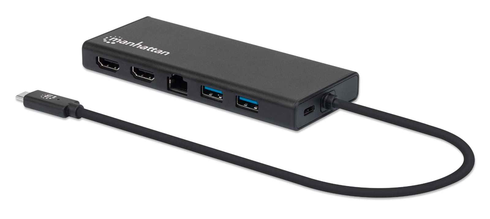 Manhattan USB-C Dock/Hub, Ports (x6): Ethernet, HDMI (x2), USB-A (x2) and USB-C, With Power Delivery (60W) to USB-C Port (Note additional USB-C wall charger and – image 1