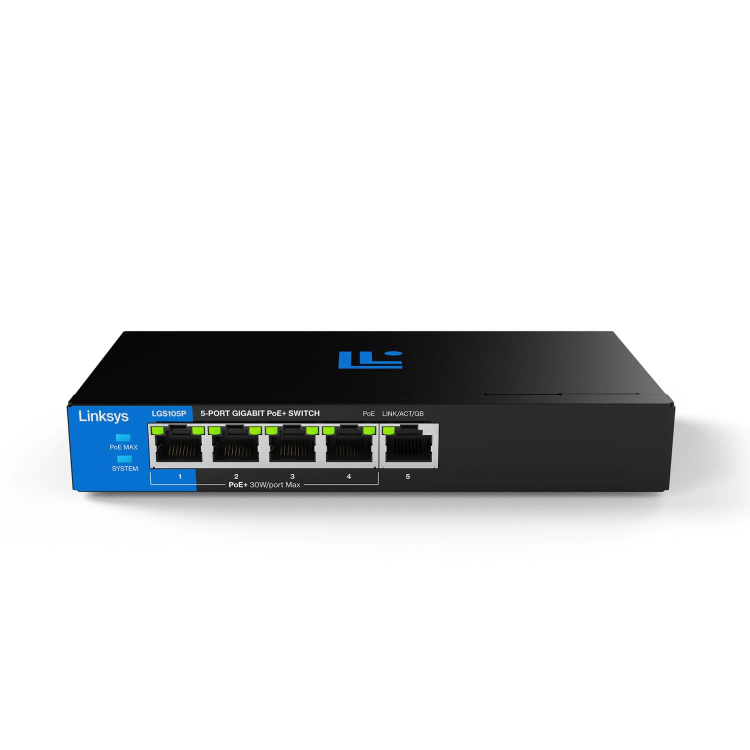 Linksys LGS105P-KE network switch Unmanaged L2 Gigabit Ethernet (10/100/1000) Power over Ethernet (PoE) Desktop Black, Blue