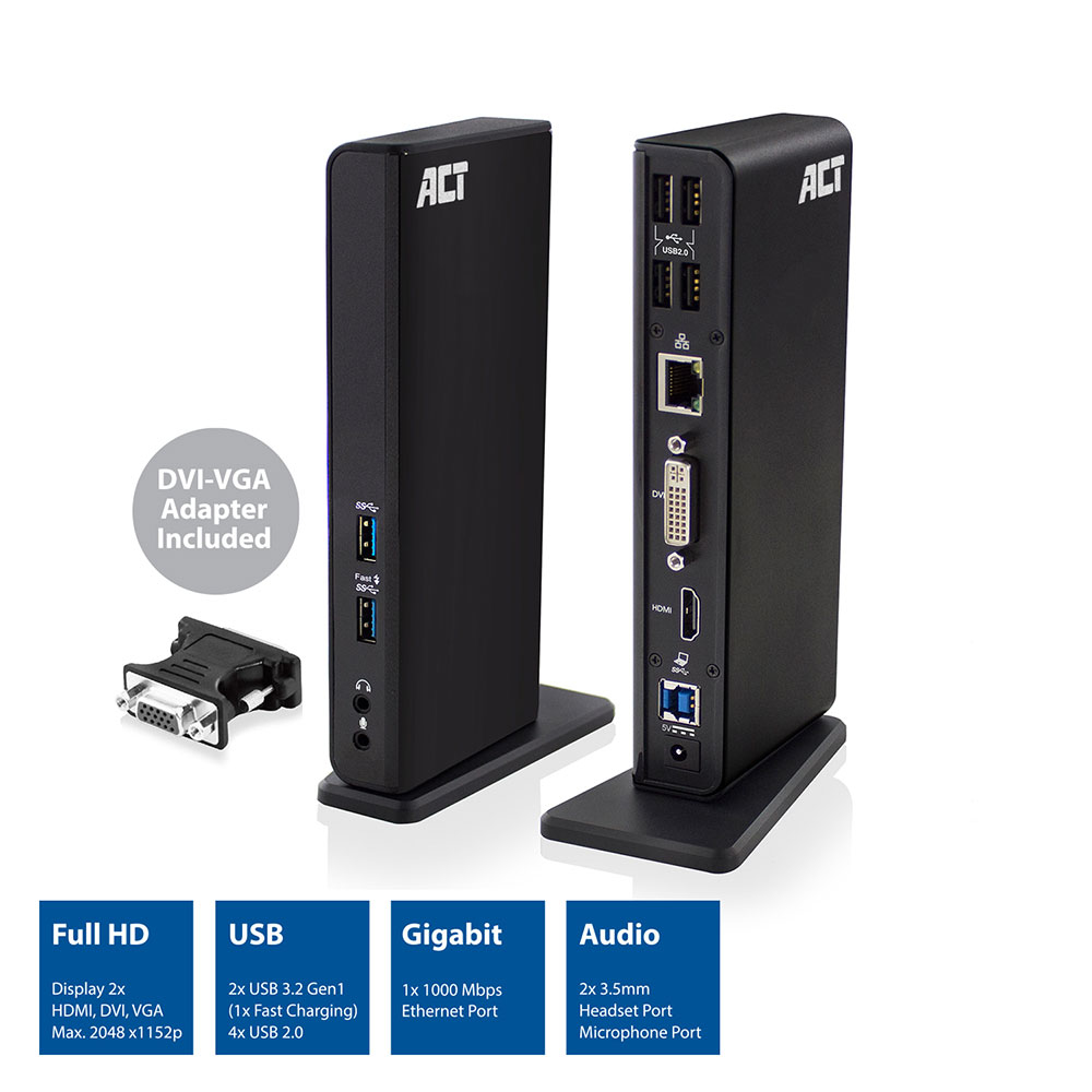 ACT AC6150 USB Dual Docking station, with HDMI, DVI, 2x USB 3.2 Gen 1 (USB 3.0) , 4x USB 2.0, Ethernet and – image 2