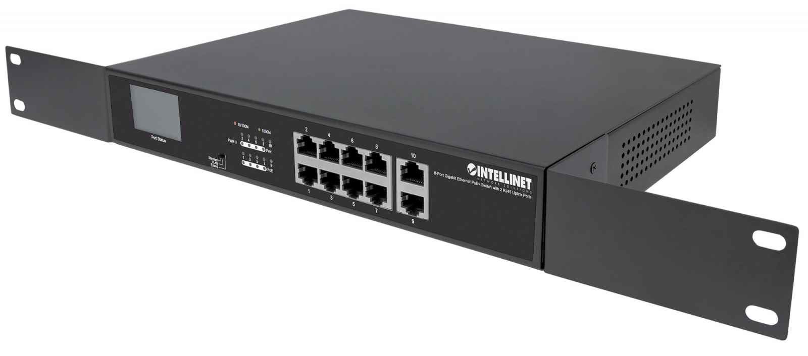 Intellinet 8-Port Gigabit Ethernet PoE+ Switch with 2 RJ45 Gigabit Uplink Ports and LCD Screen, LCD Display, IEEE 802.3at/af Power over Ethernet (PoE+/PoE) Comp – image 2