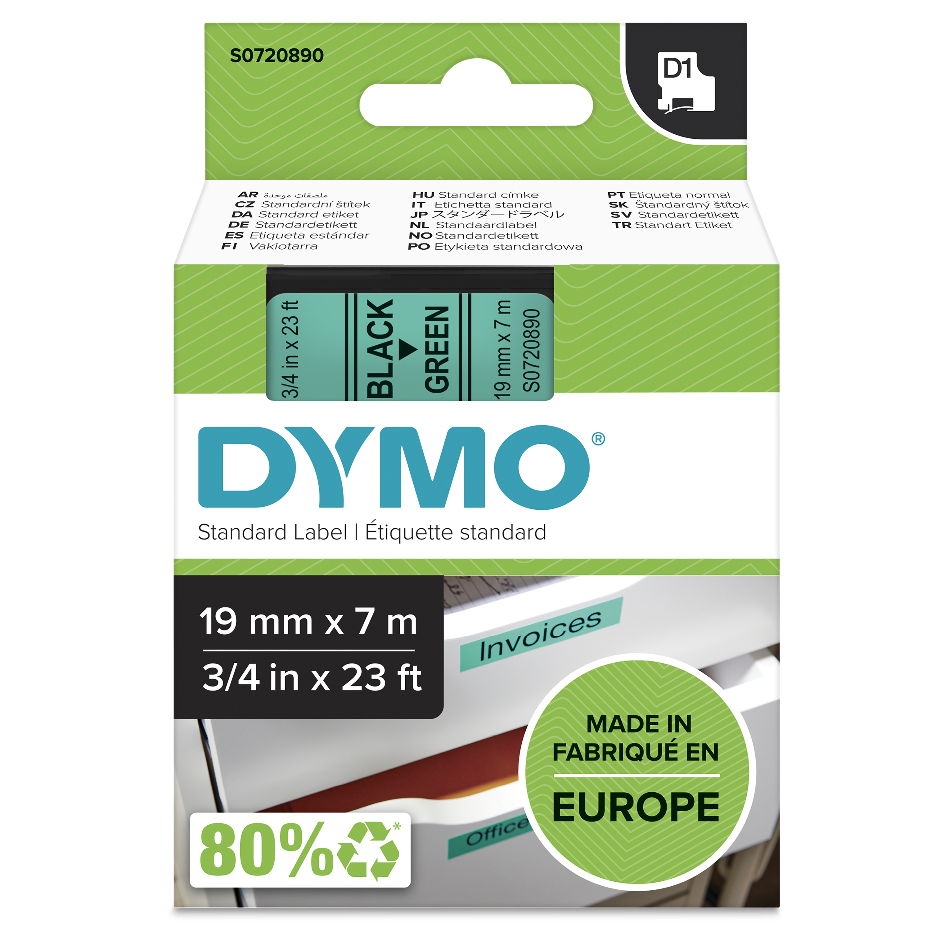 DYMO D1 étiquettes autocollantes authentiques | rouleau de 12 mm x 7 m | impression en noir sur fond vert | pour étiqueteuses LabelManager
