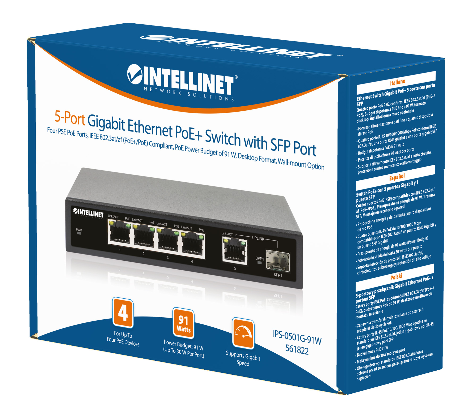 Intellinet 5-Port Gigabit Ethernet PoE+ Switch with SFP Port, Four PSE PoE Ports, IEEE 802.3at/af (PoE+/PoE) Compliant, PoE Power Budget of – image 7