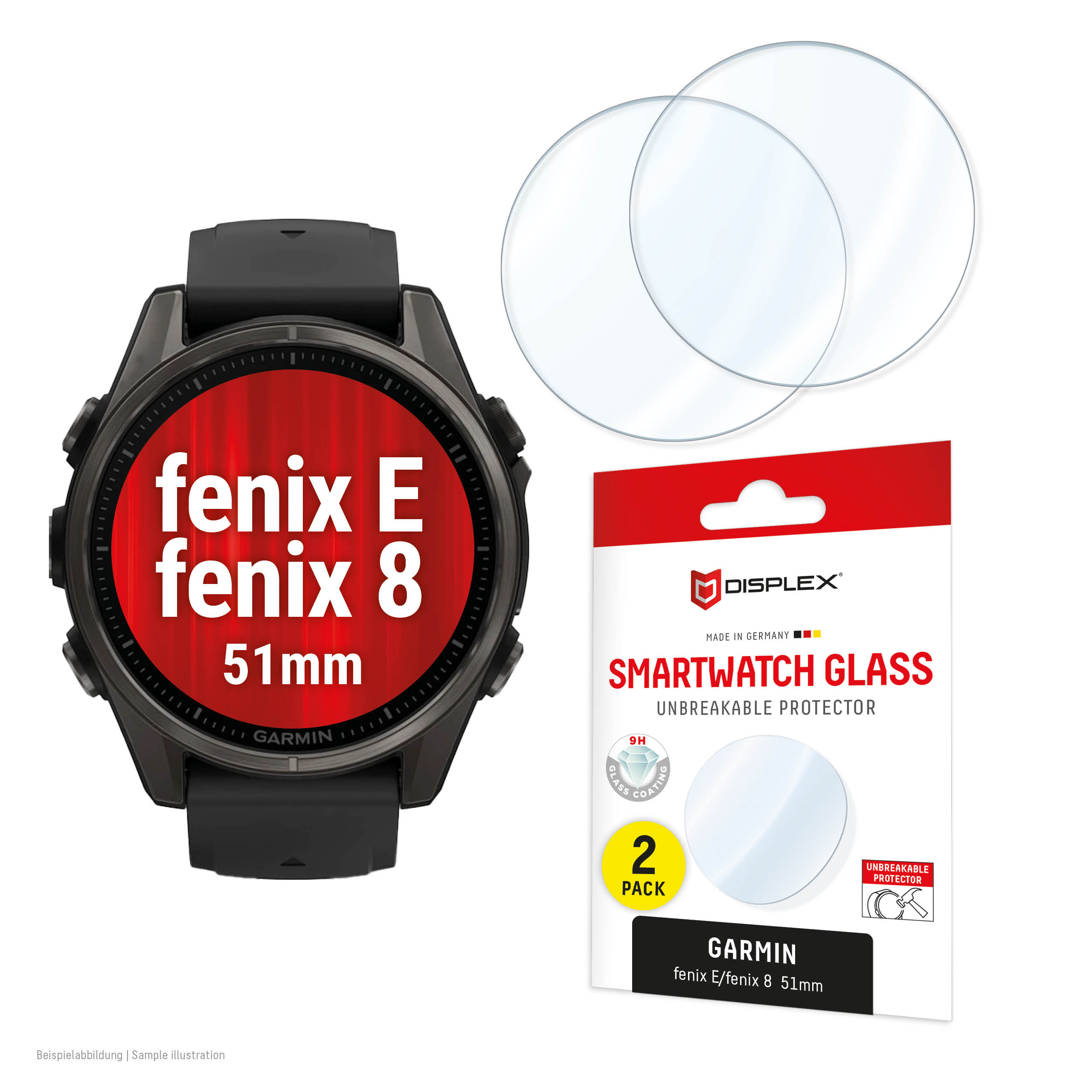 Displex 9H Glass Garmin fenix E/fenix 8 (51mm), 2-Pack, Ultra-Thin, Borderless, Anti-Smudge, Made in Germany