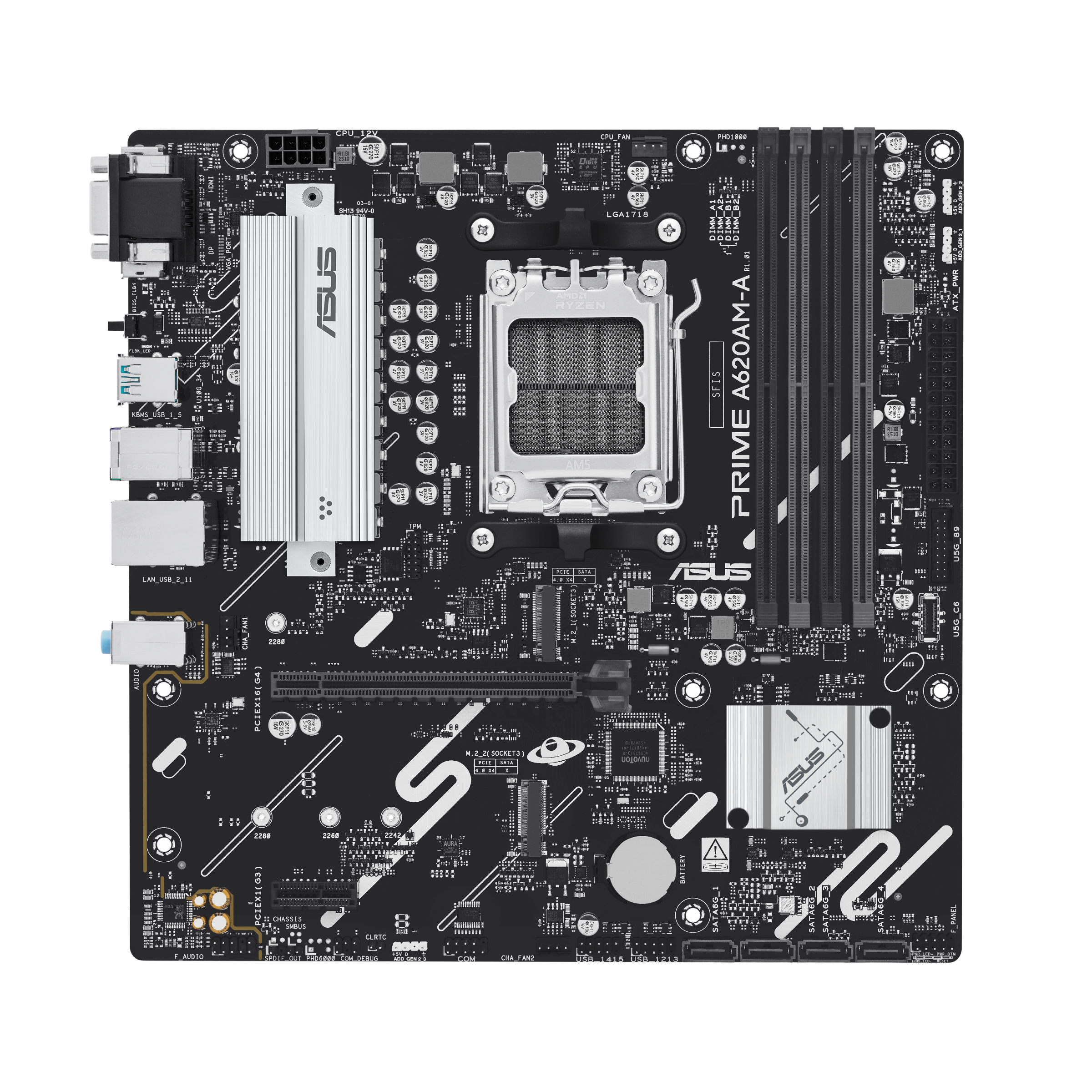 ASUS PRIME A620AM-A-CSM - Motherboard - micro ATX - Socket AM5 - AMD A620A Chipset - USB-C 3.2 Gen 1, USB 3.2 Gen 1, USB 3.2 Gen 2 - Gigabit LAN - onboard graphics (CPU required) - HD Audio (8-channel)