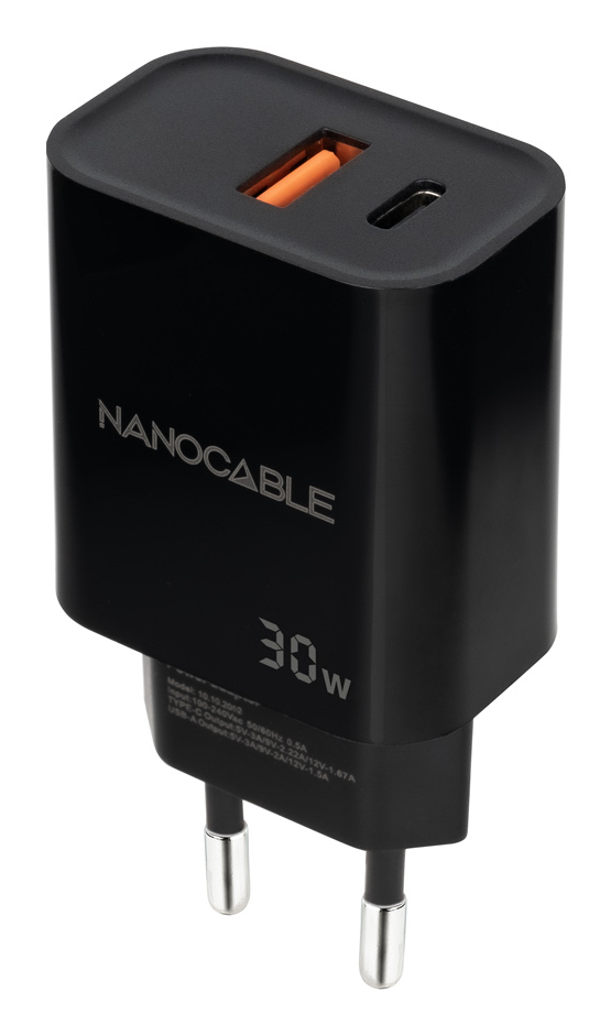Nanocable Cargador USB-C/PD+USB-A/QC 30W Negro