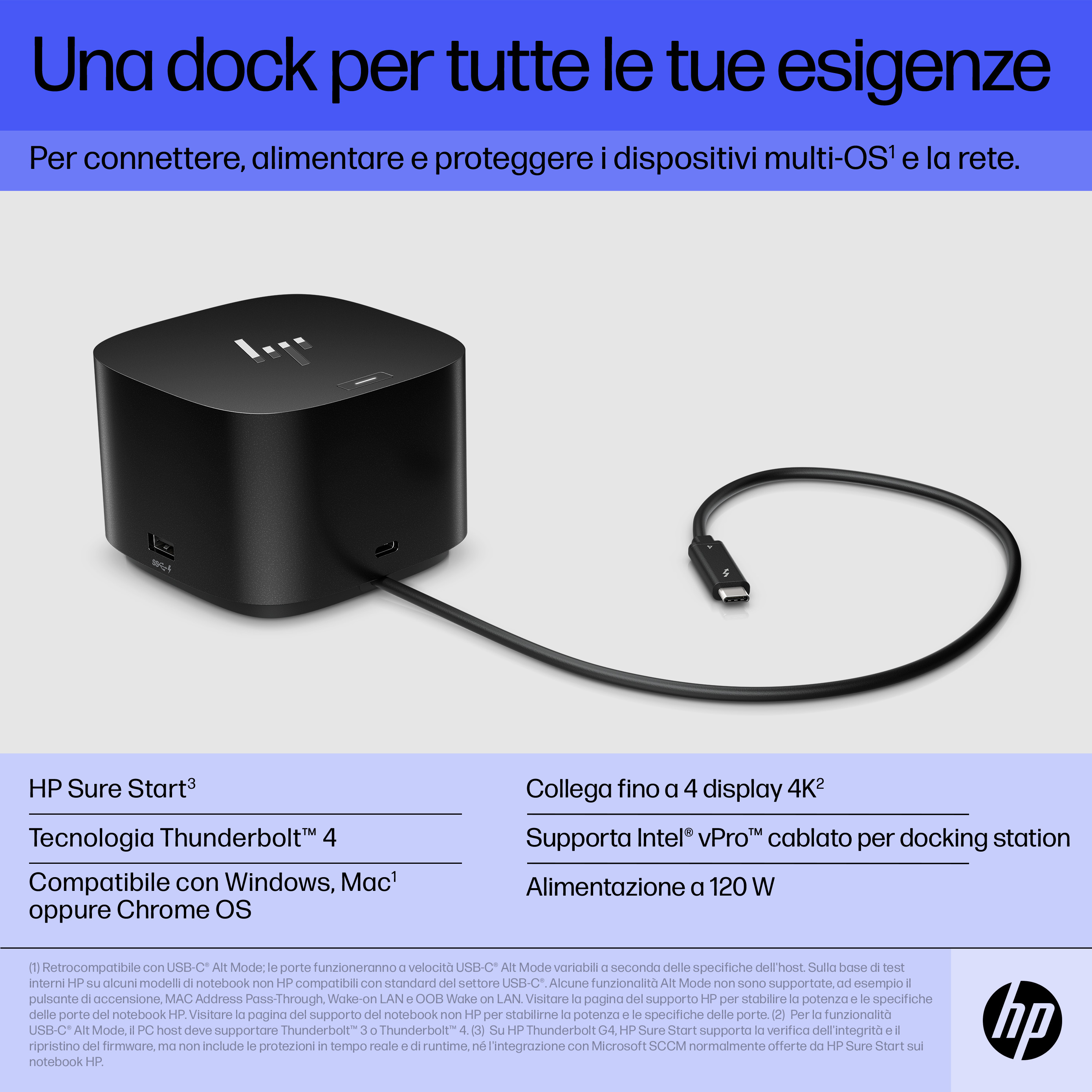 HP Thunderbolt Dock 120W G4. Connectivity technology: Wired, Host interface: Thunderbolt 4. Product colour: Black, Cable l