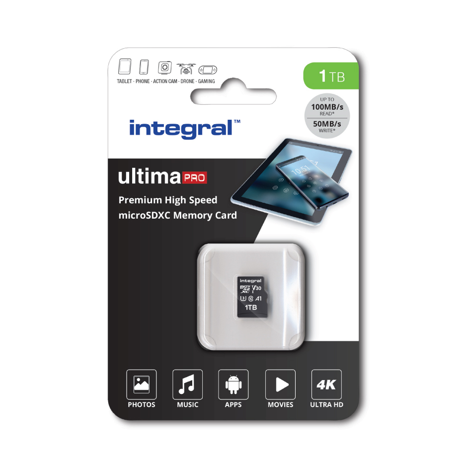 Integral 1TB MICRO SDXC UHS-1 U3 CL10 V30 A1 UP TO 100MBS READ 50MBS WRITE