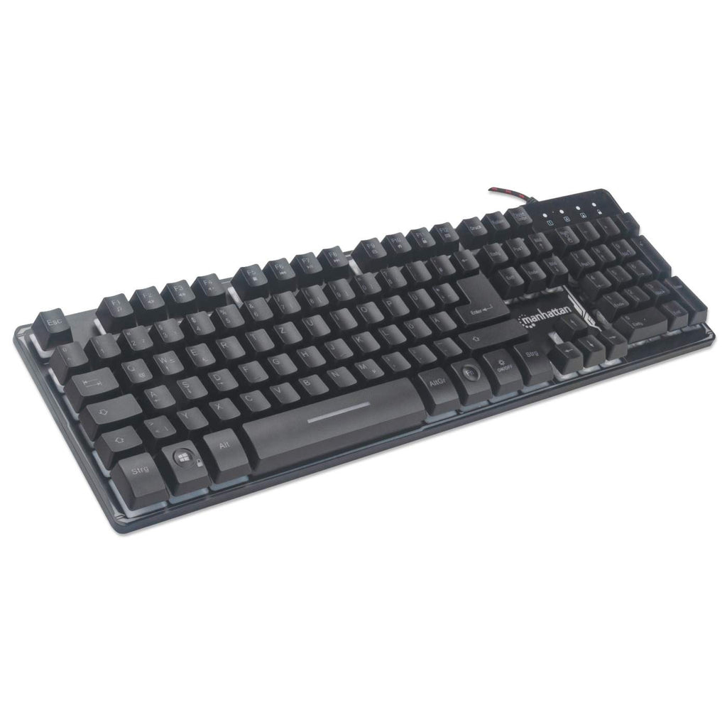 Manhattan Gaming USB Keyboard, Metal Base Edition, 12 Function Keys, Rainbow-LED Backlighting, 19 Anti-Ghost Key Caps, IPX4 (Splashproof) Rating, USB-A, Black, – image 2