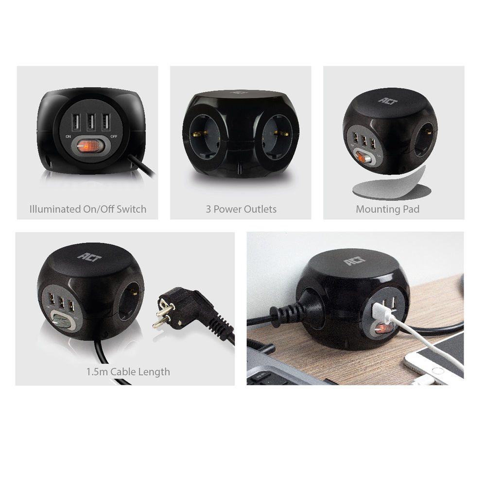 ACT Power socket cube (PDU) with 3 sockets, USB-A ports, 1.5m – image 6