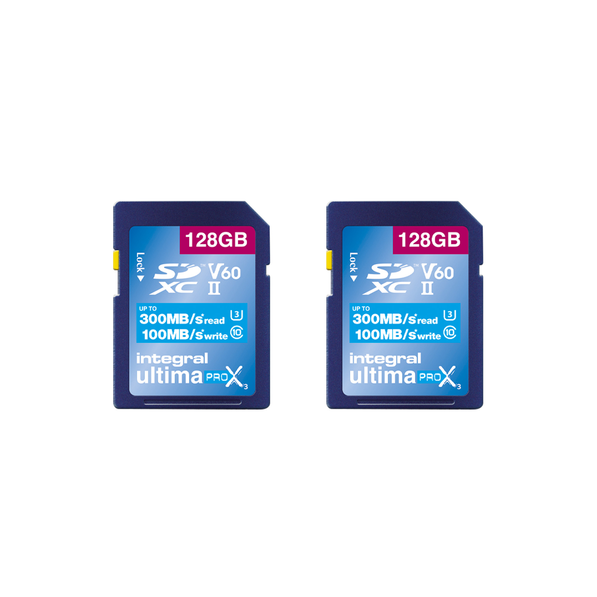Integral 128GB 2PK SDXC UHS-II U3 CL10 V60 UP TO R-300 W-100 MBS WITH METAL CARD CASE – image 1