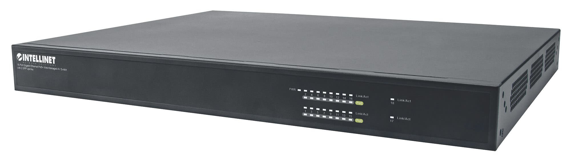 Intellinet 16-Port Gigabit Ethernet PoE+ Web-Managed AV Switch with 2 SFP Uplinks, 16 Rear-Facing PoE+ Ports, IEEE 802.3at Power over Ethernet (PoE+), Layer2+, – image 1