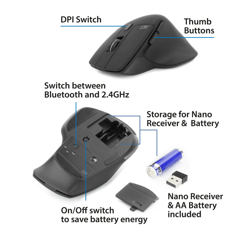 ACT Wireless multi-connect mouse Bluetooth or USB-A receiver, 2400 DPI with silent click, eco-friendly – image 4