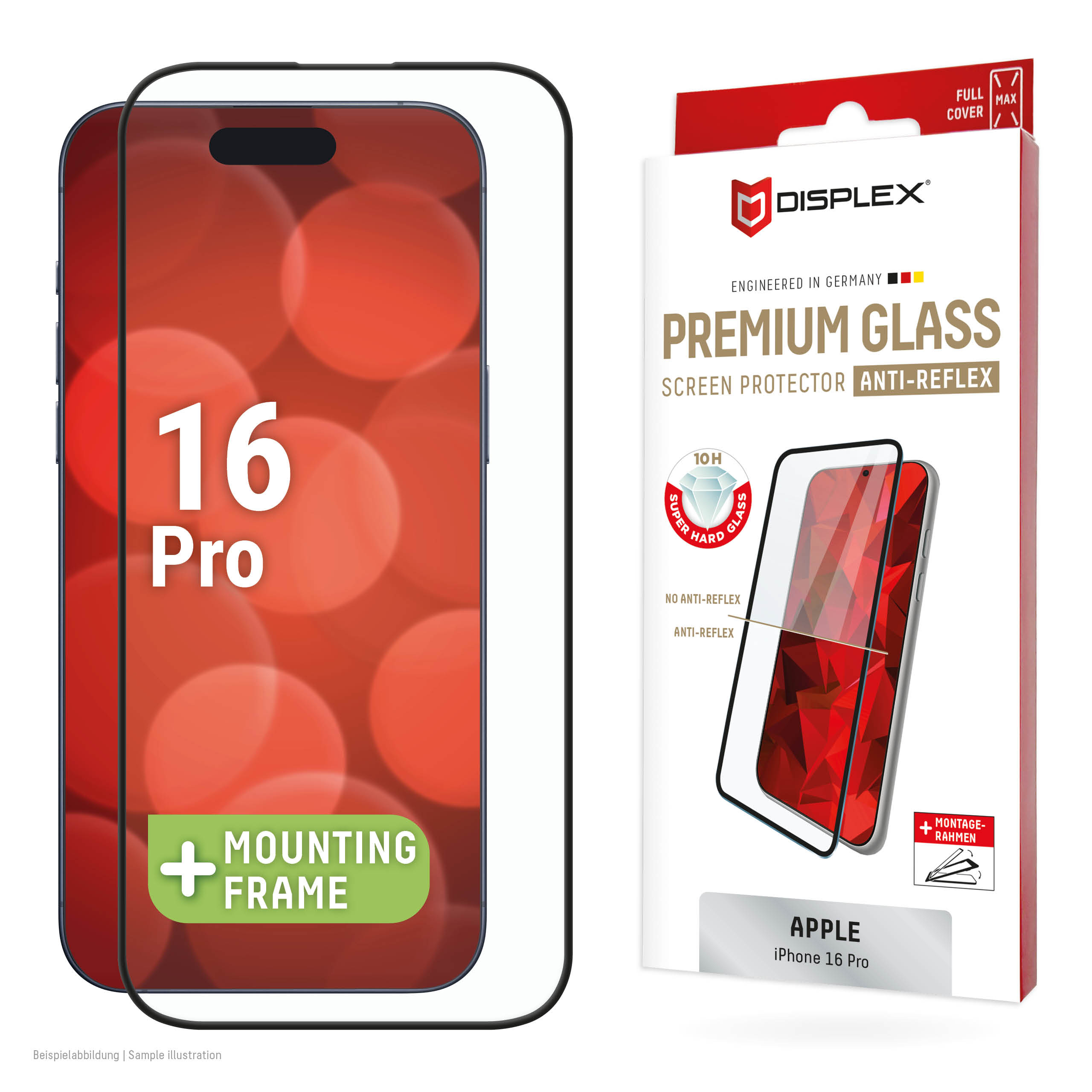 Displex Premium Anti-Reflex Screen Protector (anti-reflective Full Cover, 10H) for Apple iPhone 16 Pro, Eco Mounting Frame, Full Cover