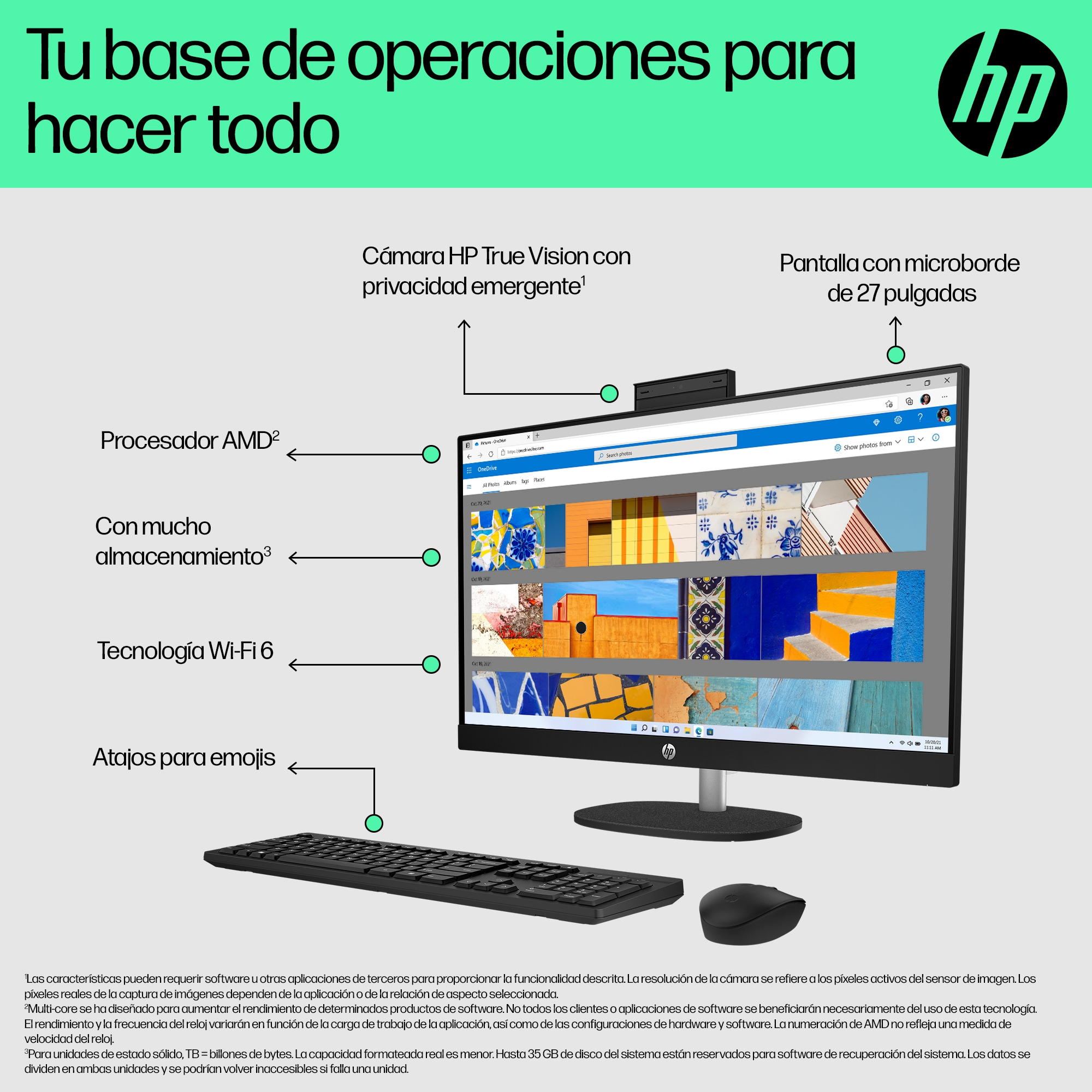 All in one - HP 27-cr0005ns, 27" Full HD, AMD Ryzen™ 5 7520U, 16GB RAM, 1TB SSD, Gráficos Radeon™, Sin sistema operativo, Blanco - imagen 6