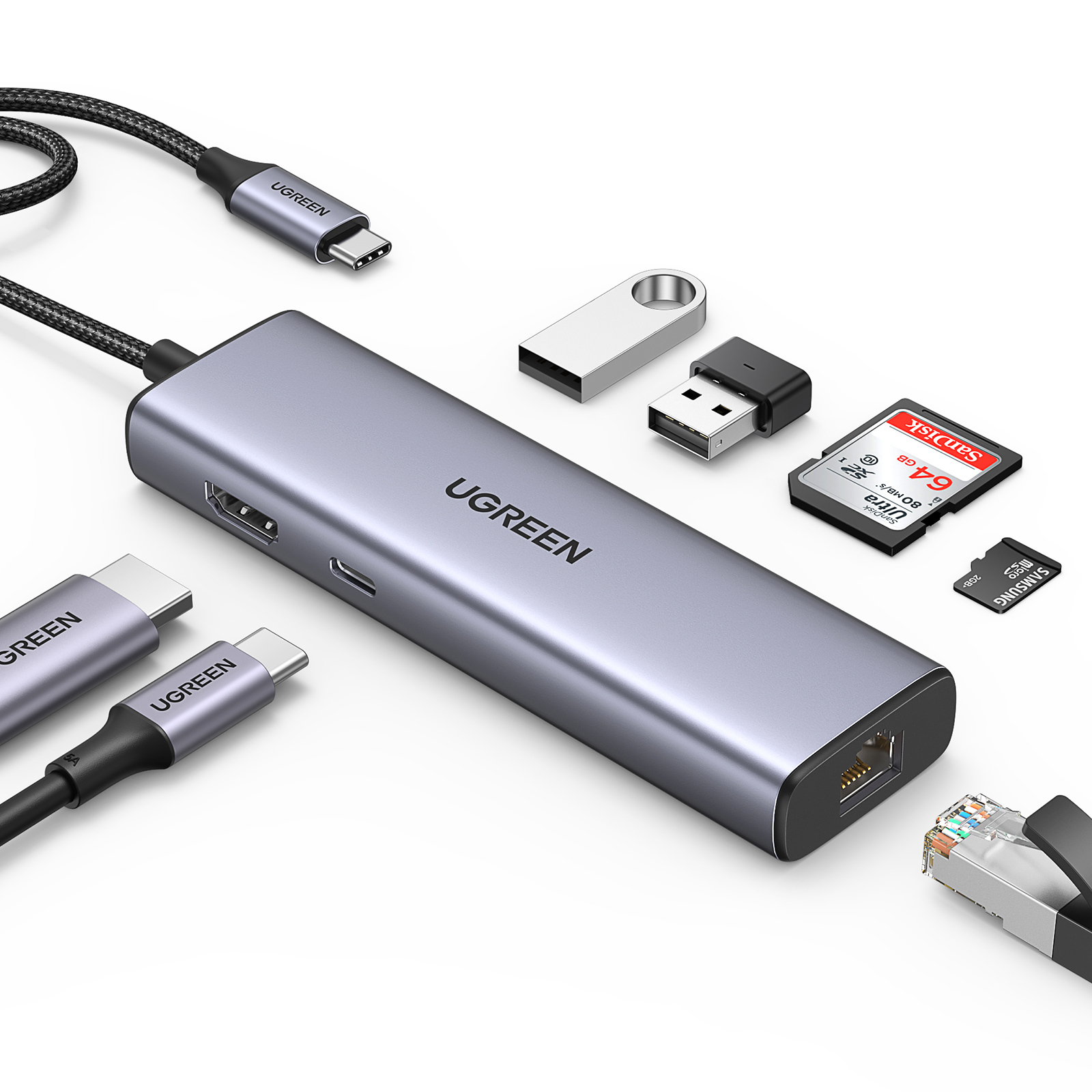 Ugreen USB-C to 2USB3.0HDMIRJ 45SD&TFPD port Hub