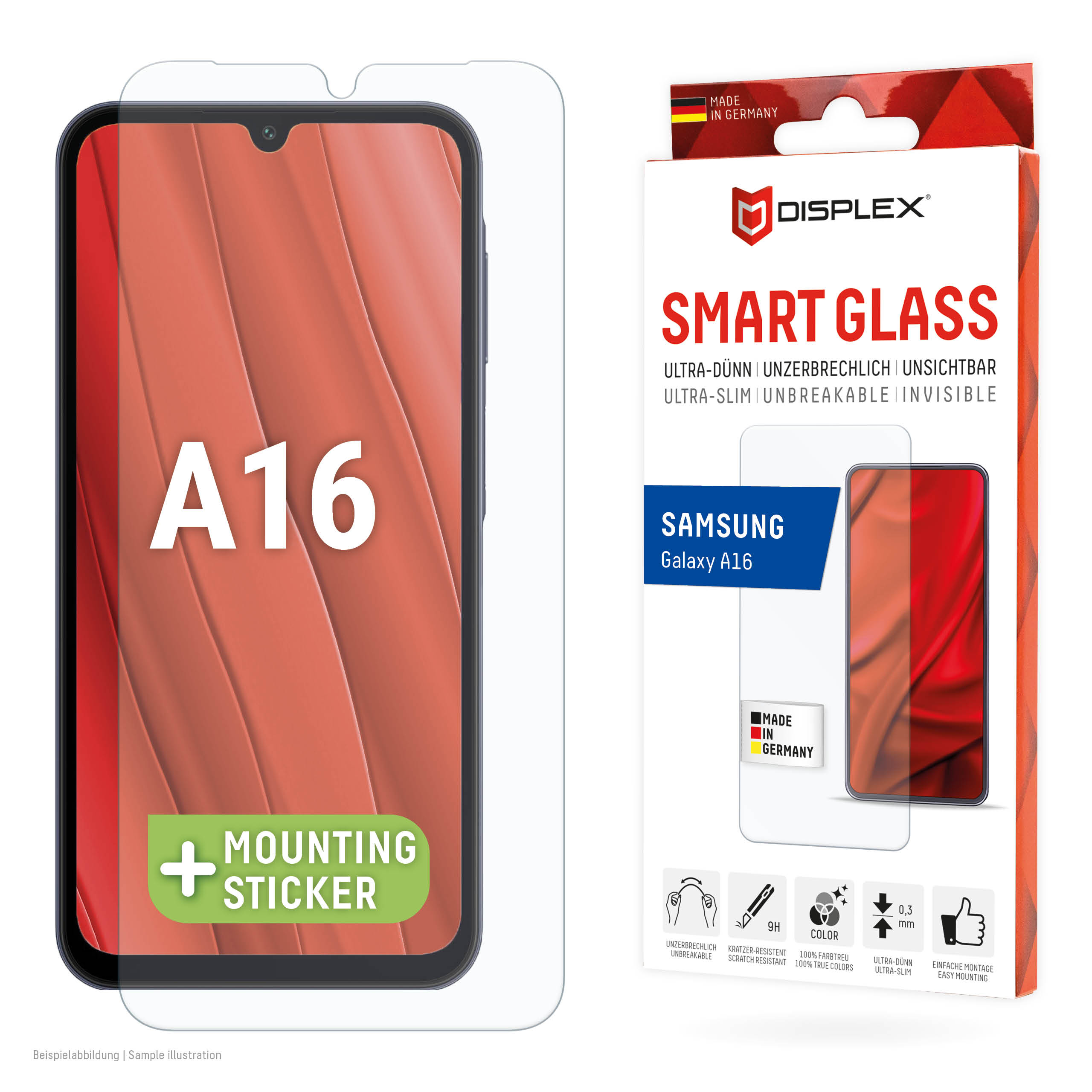 Displex Smart Glass (9H) for Samsung Galaxy A16, Mounting Sticker, unbreakable