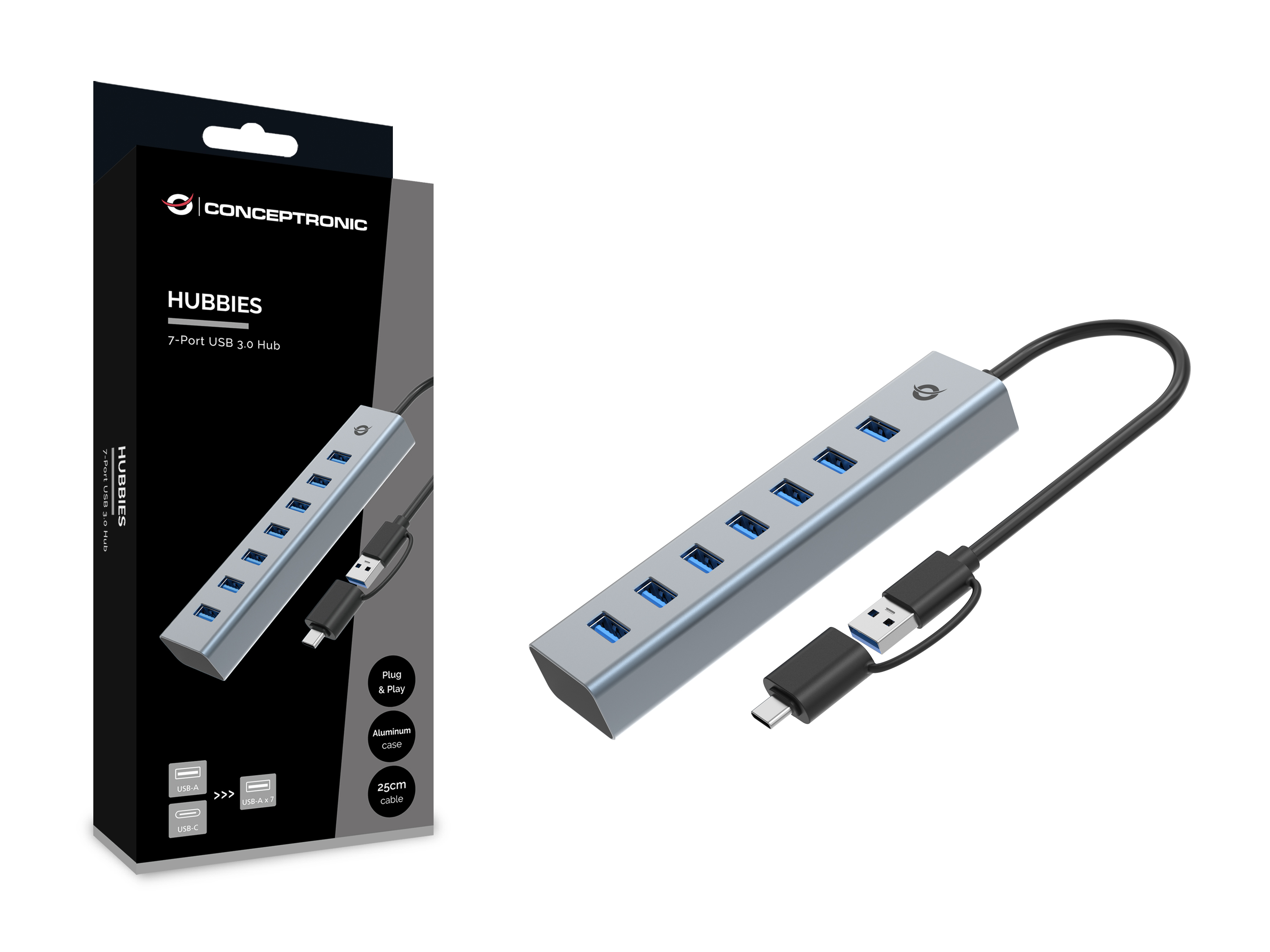 CONCEPTRONIC 7-Port Hub USB-A3.0/-C Adap.->7xA3.0 o.Netz. gr HUBs