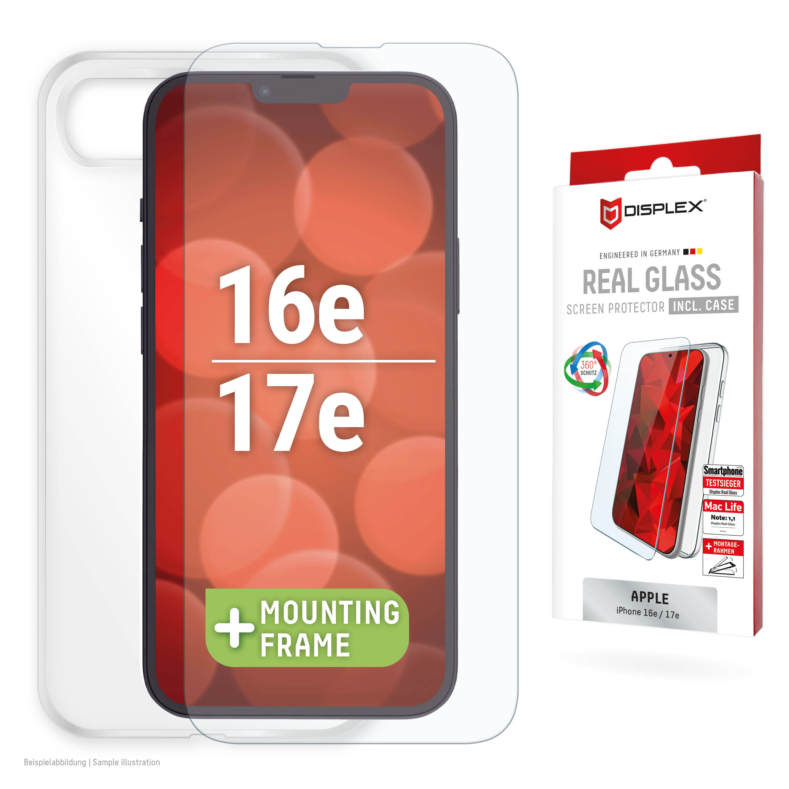 Displex Screen Protector + Case for Apple iPhone 16e/17e, Eco Mounting Frame, scratch resistant