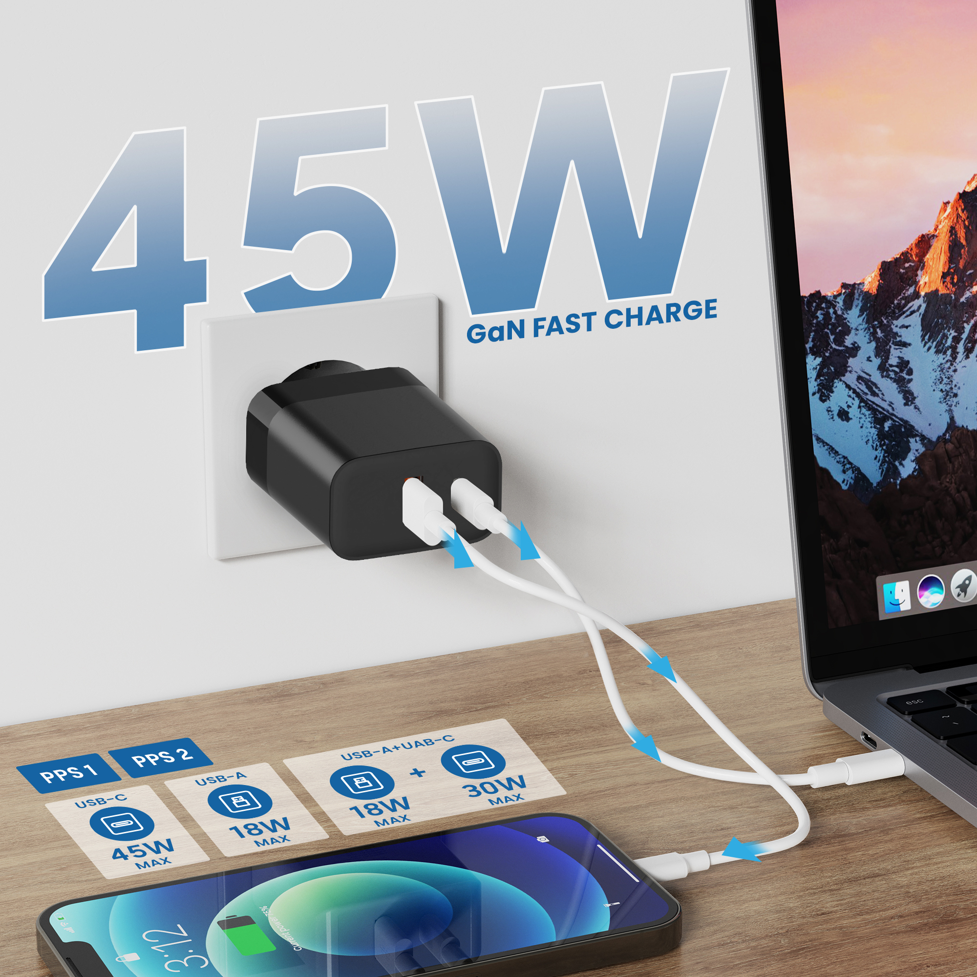 Resim Ewent EW1327 20V Max 1x USB 2.0 1x USB-C Siyah Ev İçİ AC Mobil Cihaz Şarj Cihazı