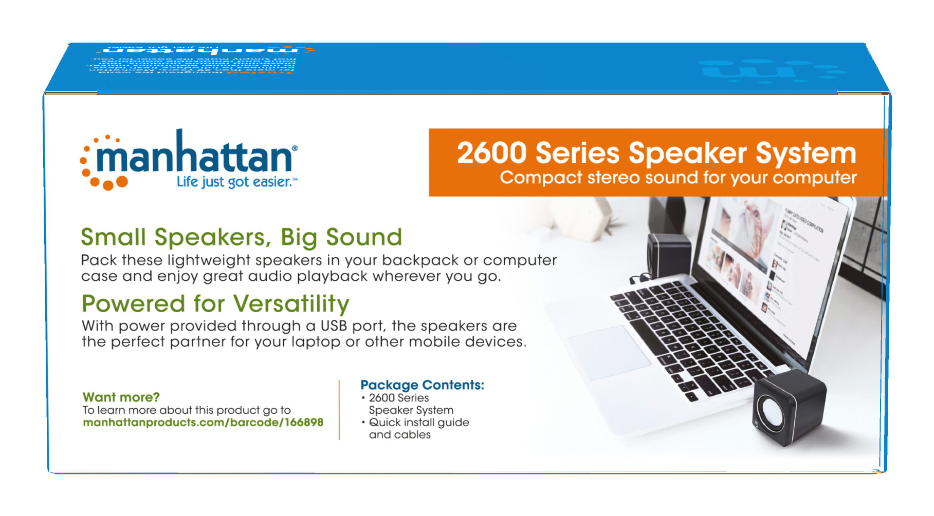 Manhattan 2600 Series Speaker System, Small Size, Big Sound, Two Speakers, Stereo, USB power, Output: 2x 3W, 3.5mm plug for sound, In-Line volume control, Cable 0.9m, Black/Grey, Three Year Warranty image 12
