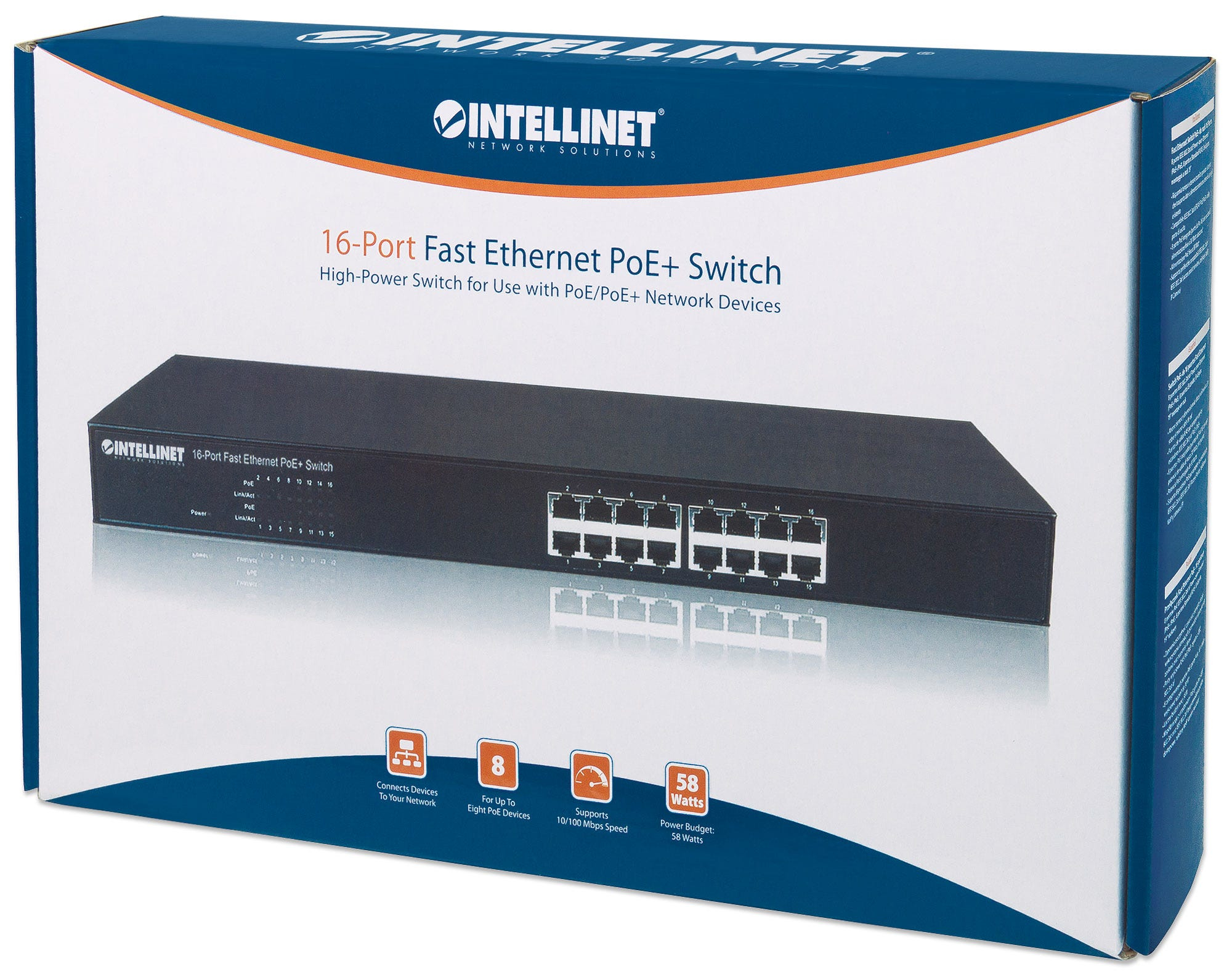 Intellinet 16-Port Fast Ethernet PoE+ Switch, 8 x PoE IEEE 802.3at/af Power-over-Ethernet (PoE+/PoE) ports, 8 x Standard RJ45 Ports, Endspan – image 5