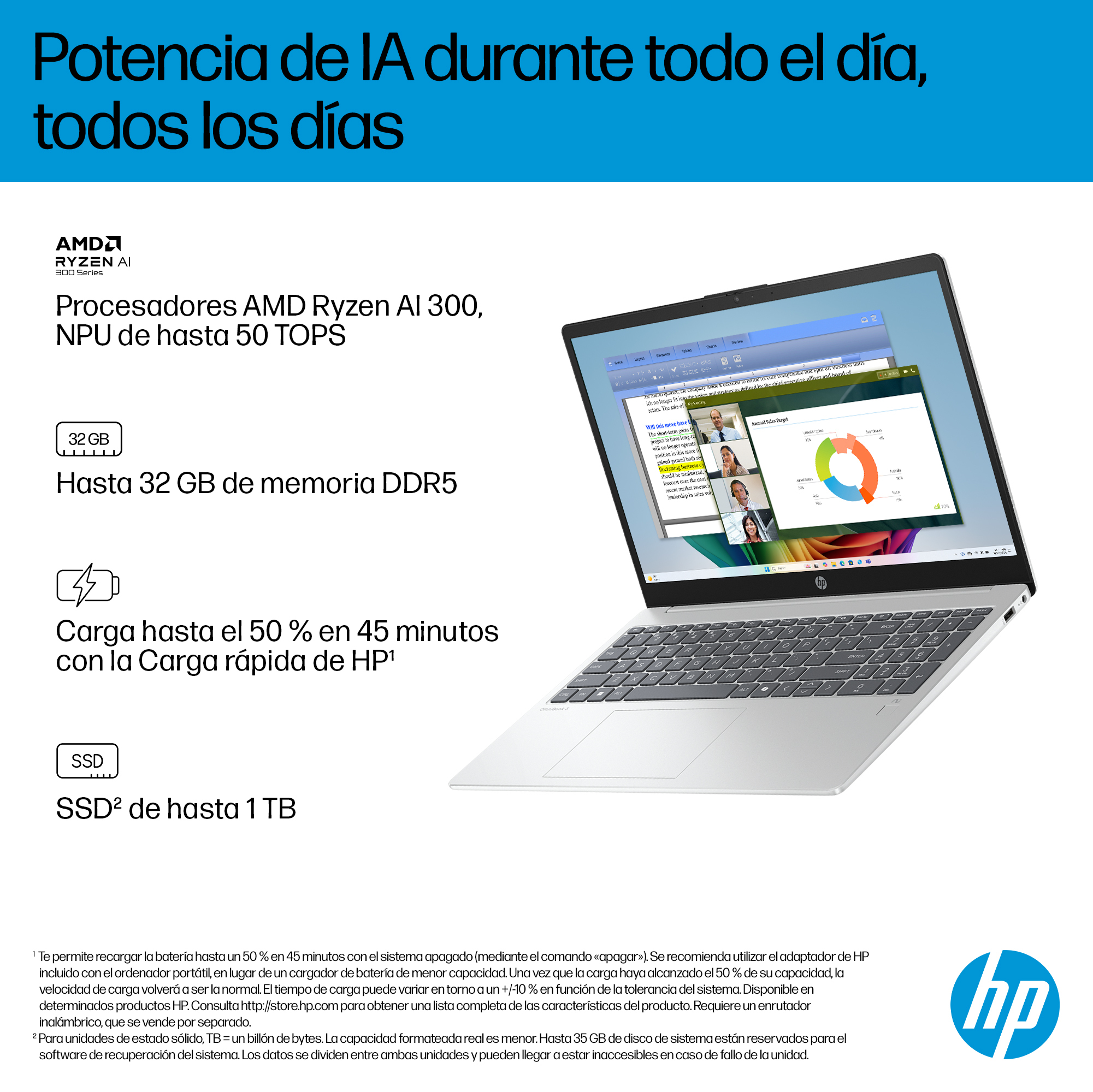 Portátil - HP OmniBook 3 NGAI 15-fn0001ns, 15,6" Full HD, AMD Ryzen™ AI 7 350, 32 GB RAM, 1 TB SSD, Radeon™ 860M, Windows 11 Home, Plata - imagen 9
