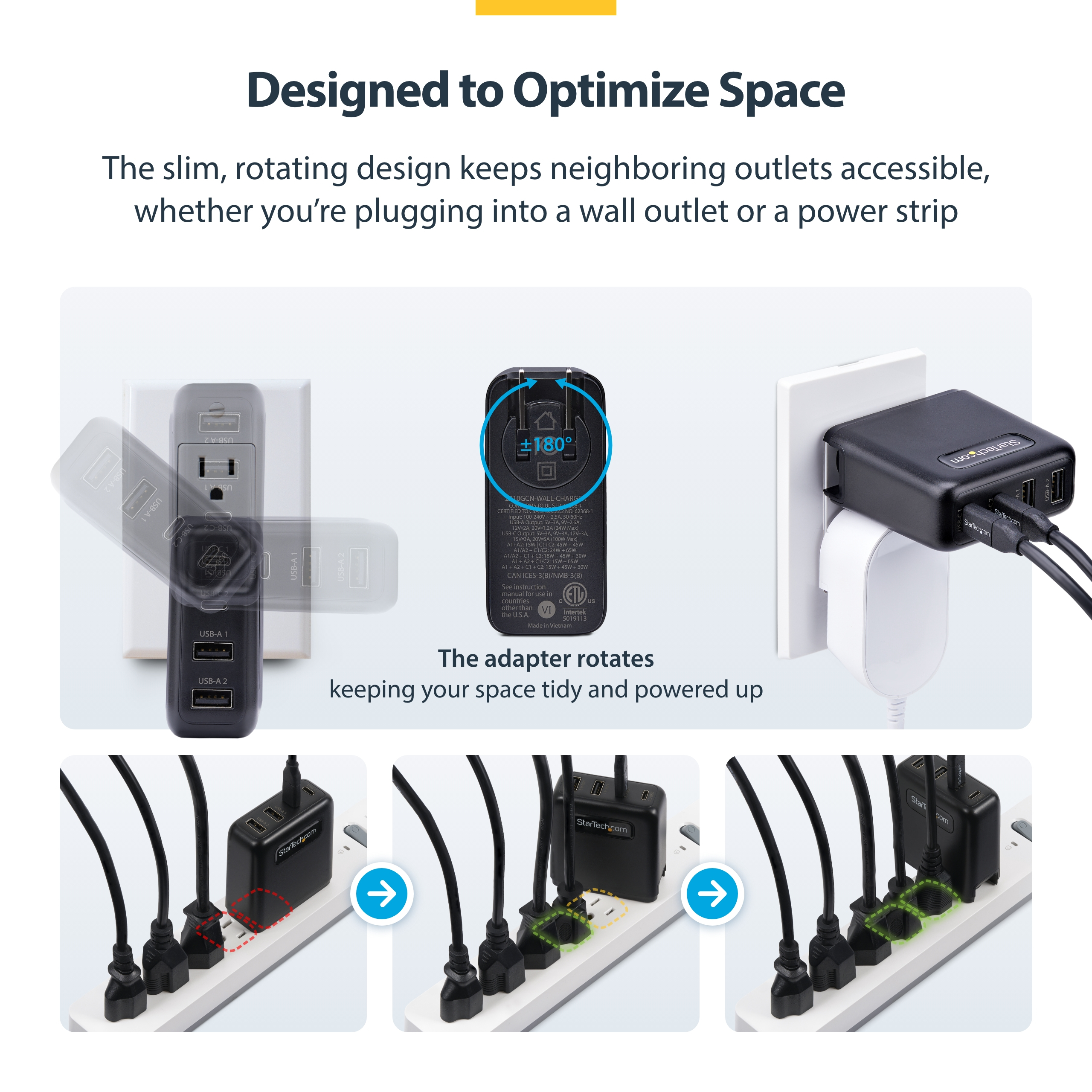 Resim StarTech.com 100W GaN USB-C PD 3.0 Duvar Tipi Şarj Cihazı, 2x USB-C, 2x USB-A, 1.8m Kablo, Siyah