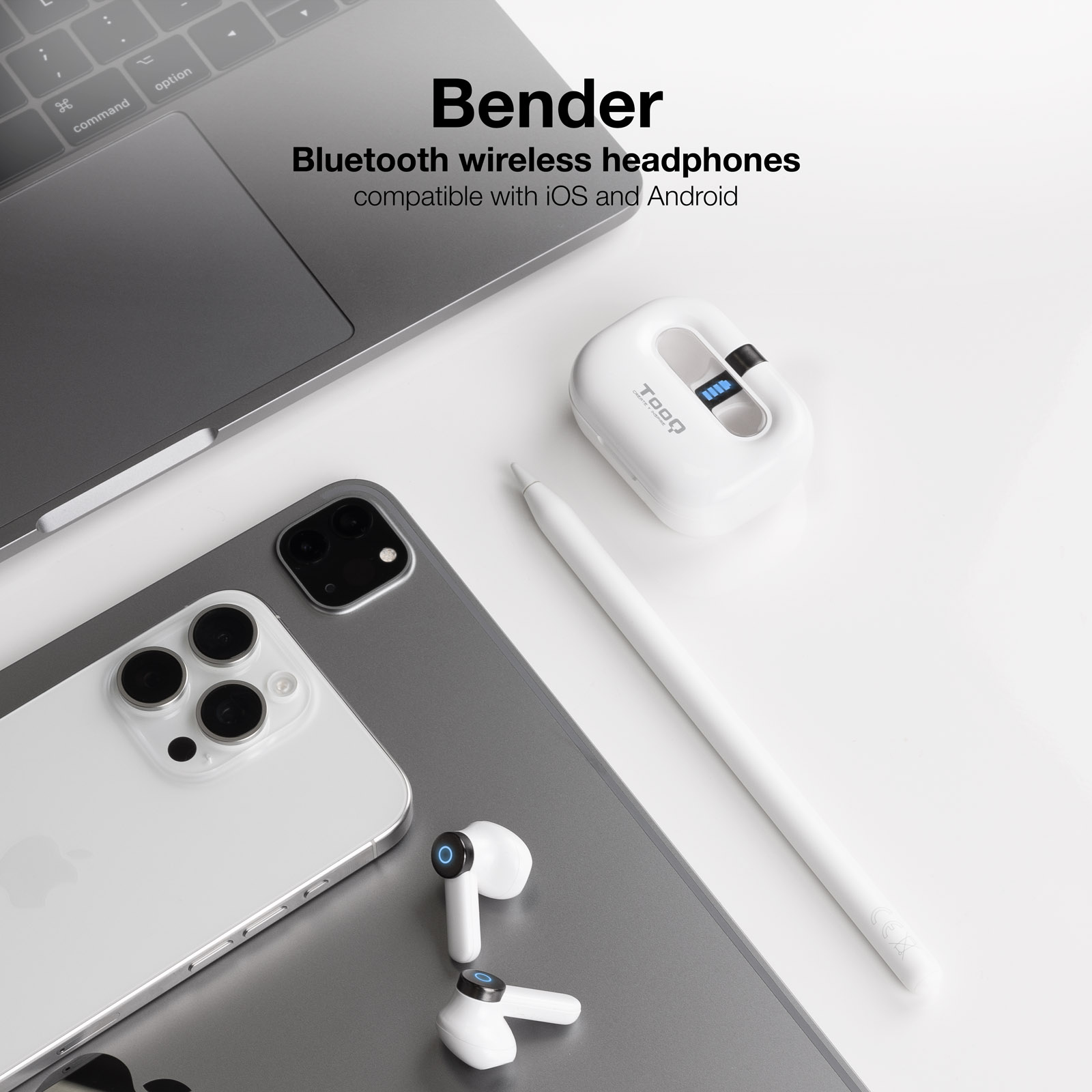 TooQ Bender Wireless Earbuds + Bluetooth Microphone with Charging Case, White image 2