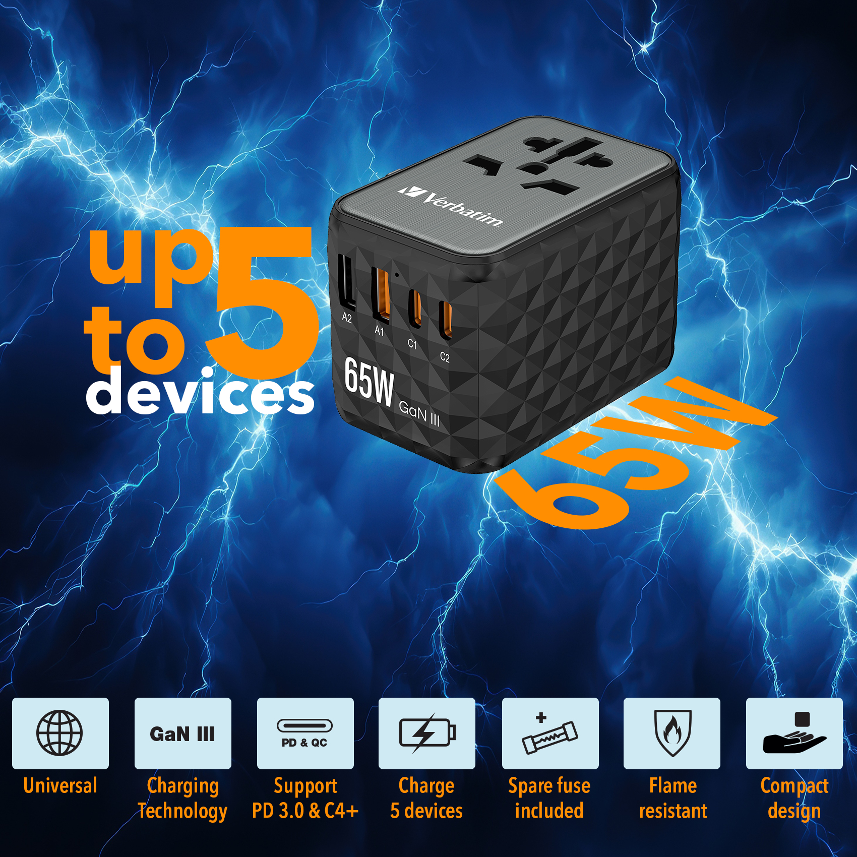 Verbatim UTA-05 65W GaN III Universal Travel Adapter with 2 x USB-C PD & QC 4+ & 2 x USB-A ports – image 2
