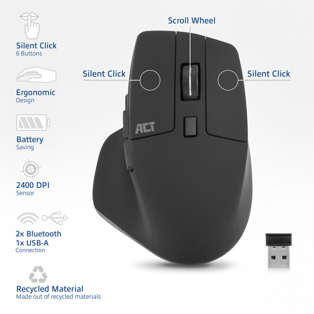 ACT Wireless multi-connect mouse Bluetooth or USB-A receiver, 2400 DPI with silent click, eco-friendly – image 2
