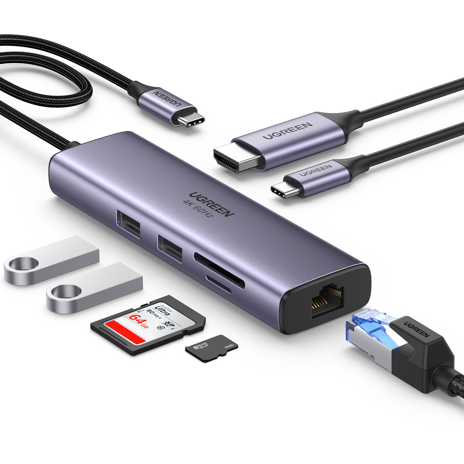 Ugreen 60515 USB-C Hub 2*USB3.0+HDMI+RJ45+SD&TF +PD port Converter – image 2