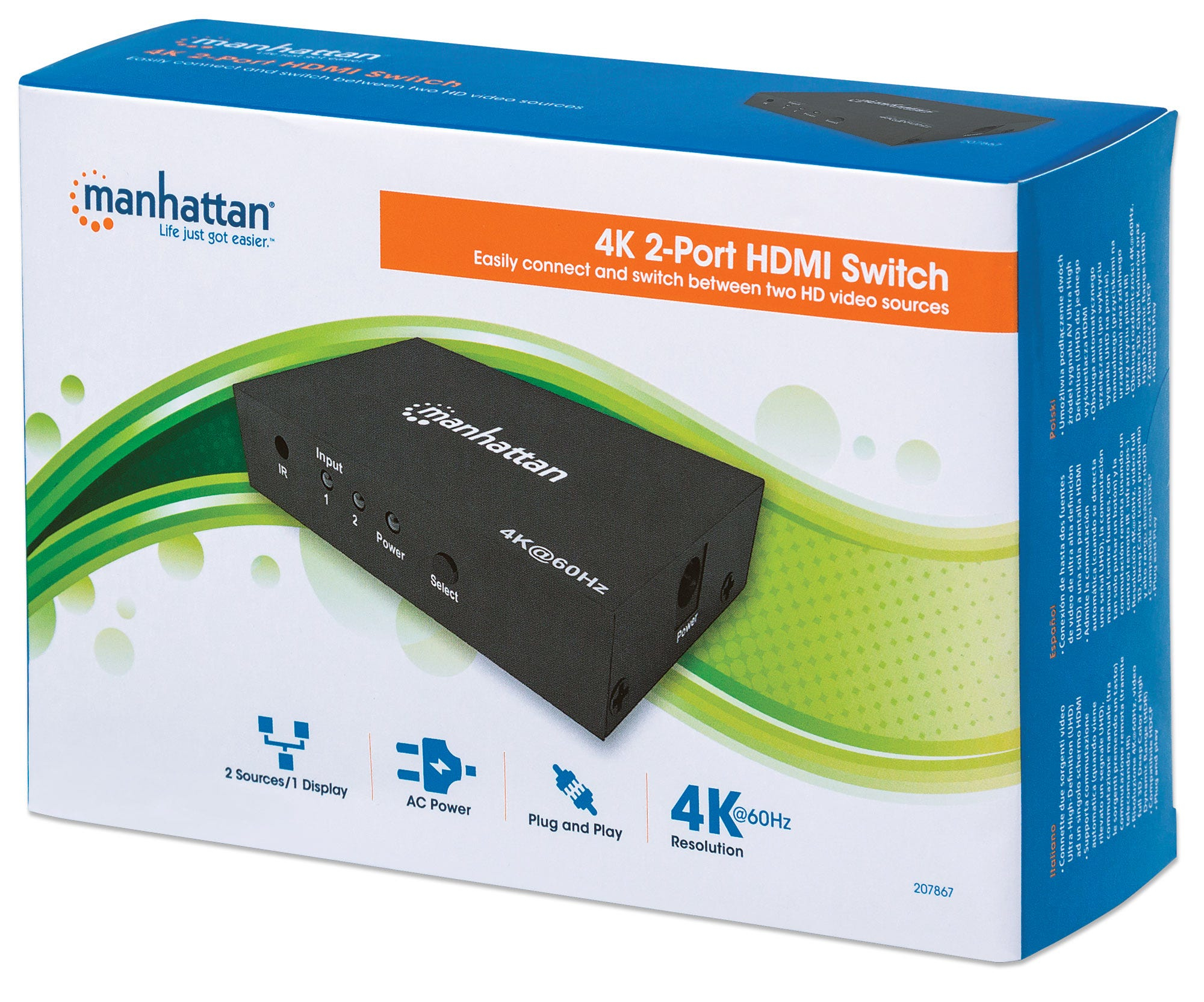 Manhattan HDMI Switch 2-Port, 4K@60Hz, Connects x2 HDMI sources to x1 display, Remote Control and Automatic and Manual Switching (via button), AC Powered (cable – image 9